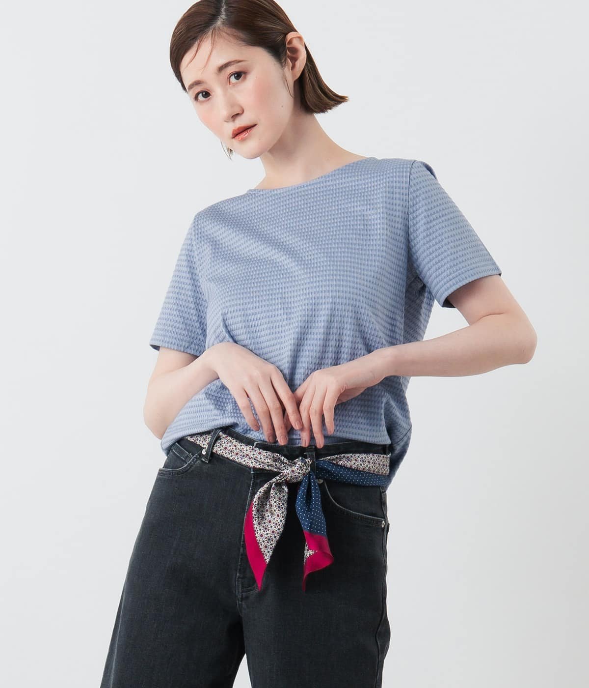NEWYORKER WOMEN 【吸水速乾】格子サッカーTシャツ ニューヨーカー トップス カットソー・Tシャツ ブルー ホワイト