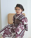 Nico@ntique ニコアンティーク kids 子供浴衣3点セット 女の子 えんじ縞と牡丹の染分け ウタタネ 着物・浴衣・和装小物 浴衣 レッド【送料無料】