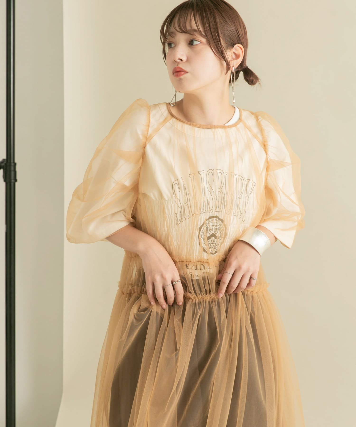【SALE／50%OFF】KBF パワースリーブチュールワンピース ケービーエフ ワンピース・ドレス ワンピース ブラック ベージュ