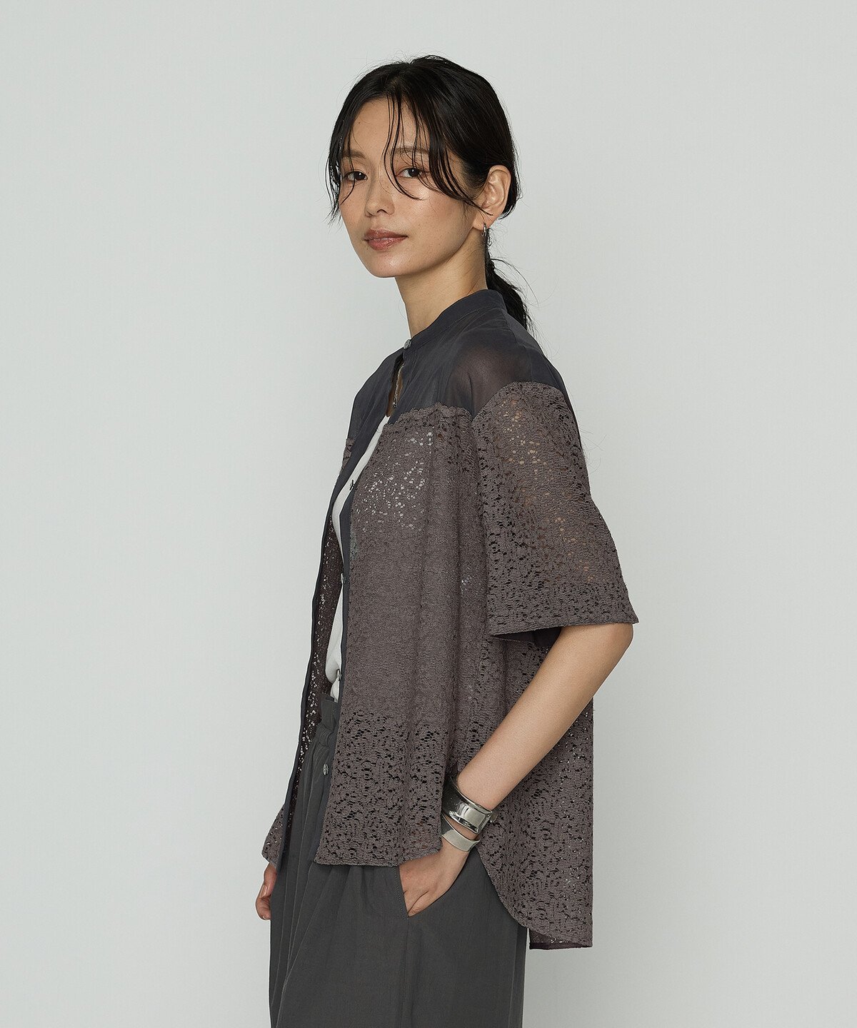 K.T KIYOKO TAKASE リネンコードレース シャツブラウス コムサ トップス シャツ・ブラウス グレー ネイビー