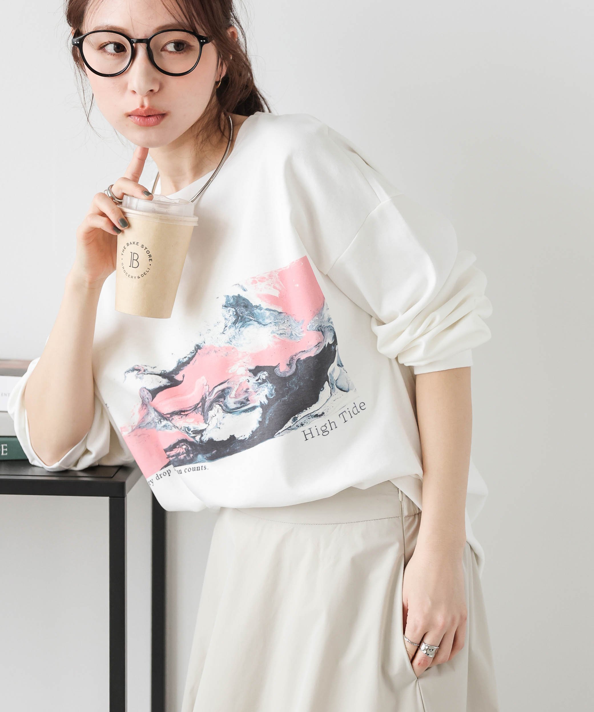 La-gemme マーブル柄 プリントロンT ラジュール トップス カットソー・Tシャツ ブラック ホワイト