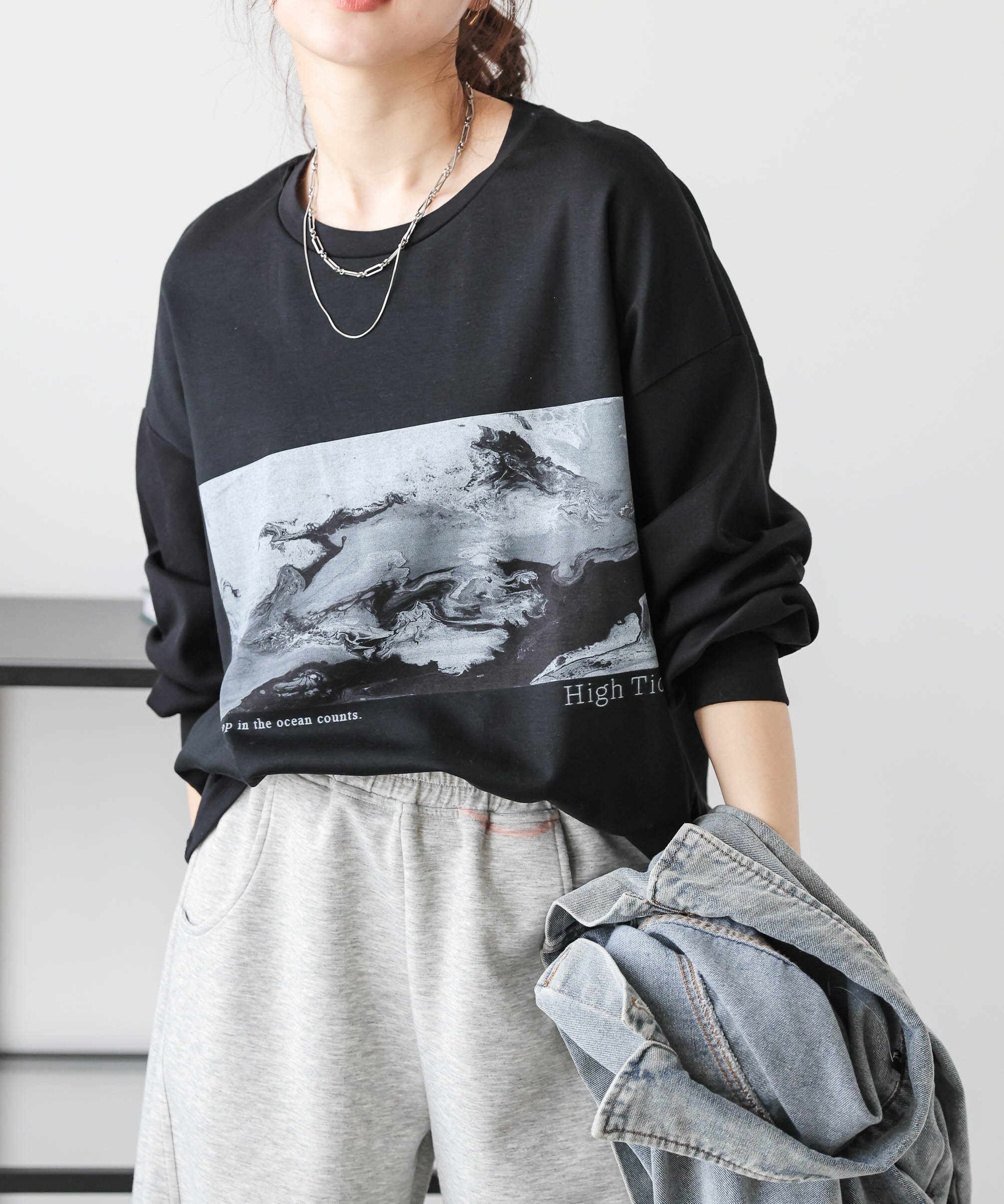 La-gemme マーブル柄 プリントロンT ラジュール トップス カットソー・Tシャツ ブラック ホワイト