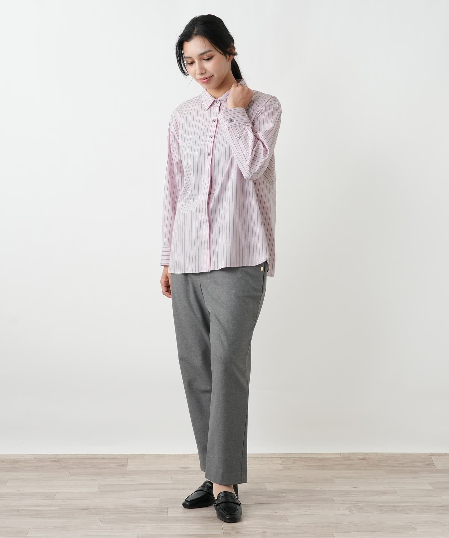 Leilian PLUS HOUSE ストライプドロップショルダーシャツ レリアン プラスハウス トップス シャツ・ブラウス ピンク