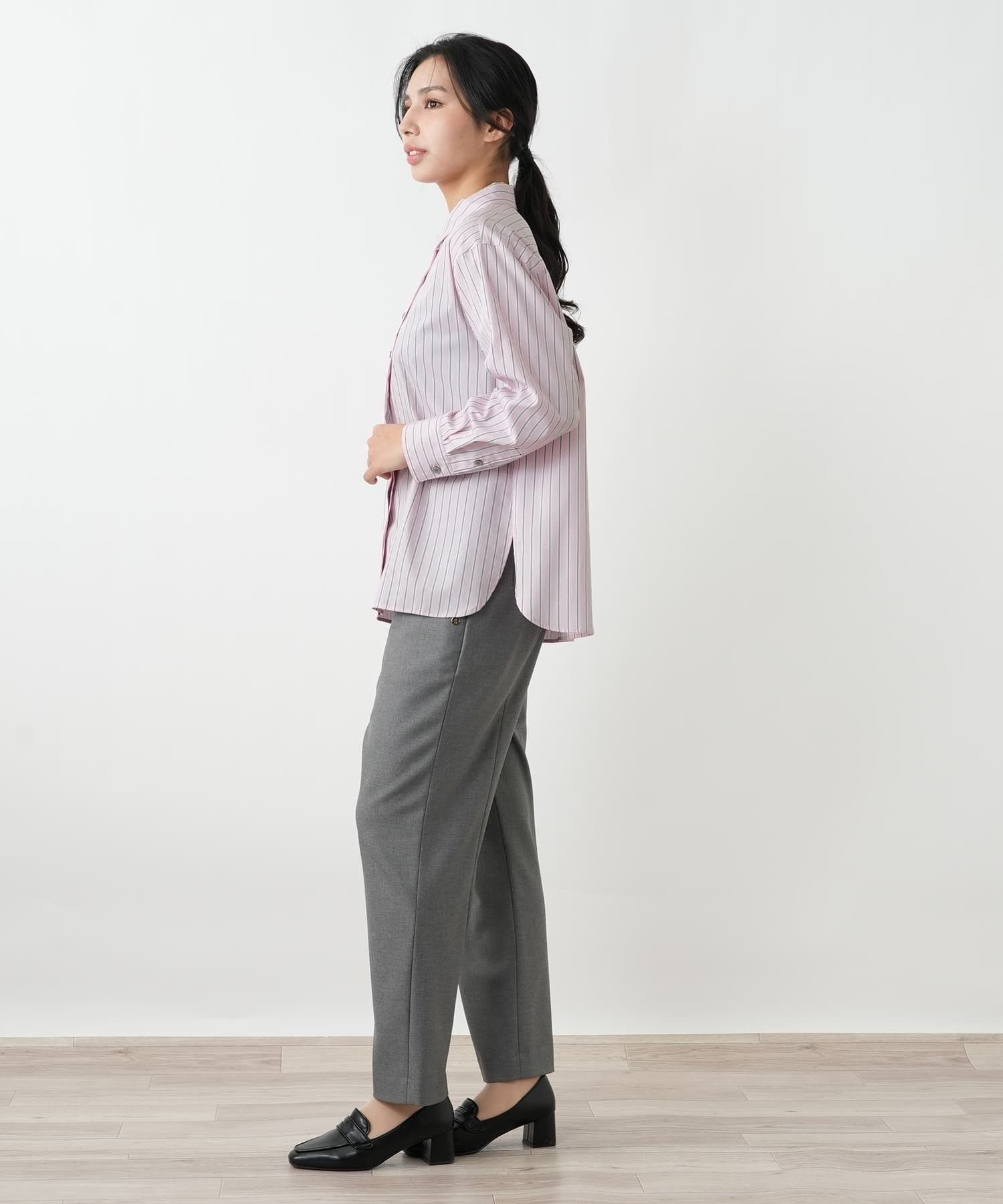 Leilian PLUS HOUSE ストライプドロップショルダーシャツ レリアン プラスハウス トップス シャツ・ブラウス ピンク