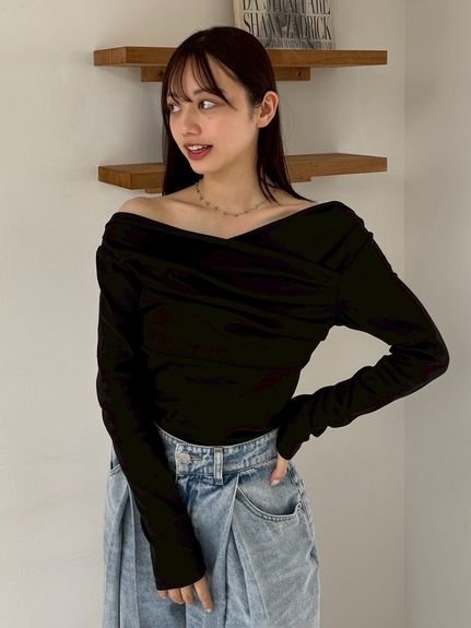 ギャザーオフショルカットソー フレイ アイディー トップス カットソー・Tシャツ ピンク ブラック グレー ホワイト