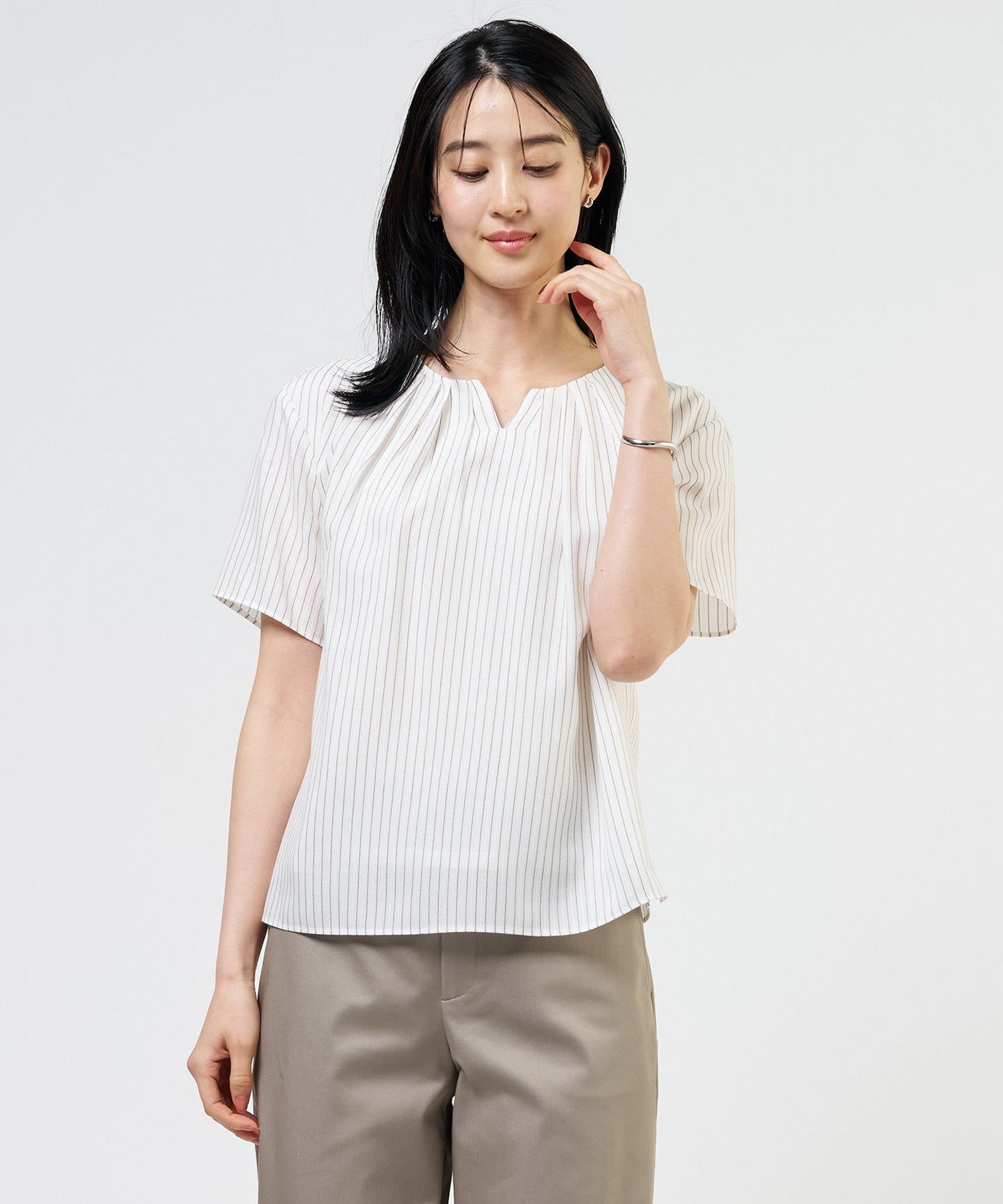 J.PRESS LADIES L 【一枚で着映え・シーンレスに活躍】シアーストライプ&チェック カットソー ジェイプレス トップス カットソー・Tシャツ ホワイト ブルー ブラウン グレー