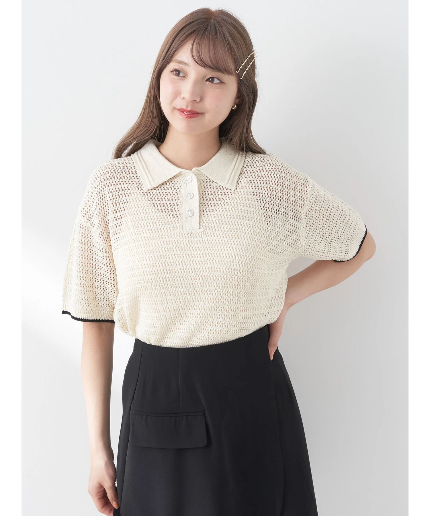 earth music ecology ラインポロニットプルオーバー 夏/カットソー/半袖/レディース/24SS アースミュージック エコロジー トップス ニット ホワイト ブラック ブルー【送料無料】