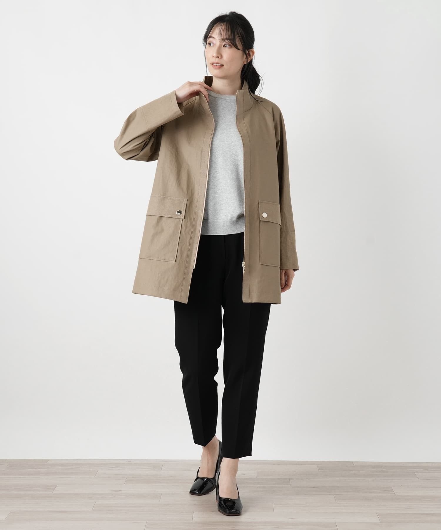 Leilian 麻スタンドカラージップコート【ROCHAS Premiere】 レリアン ジャケット・アウター ステンカラーコート ブラウン【送料無料】