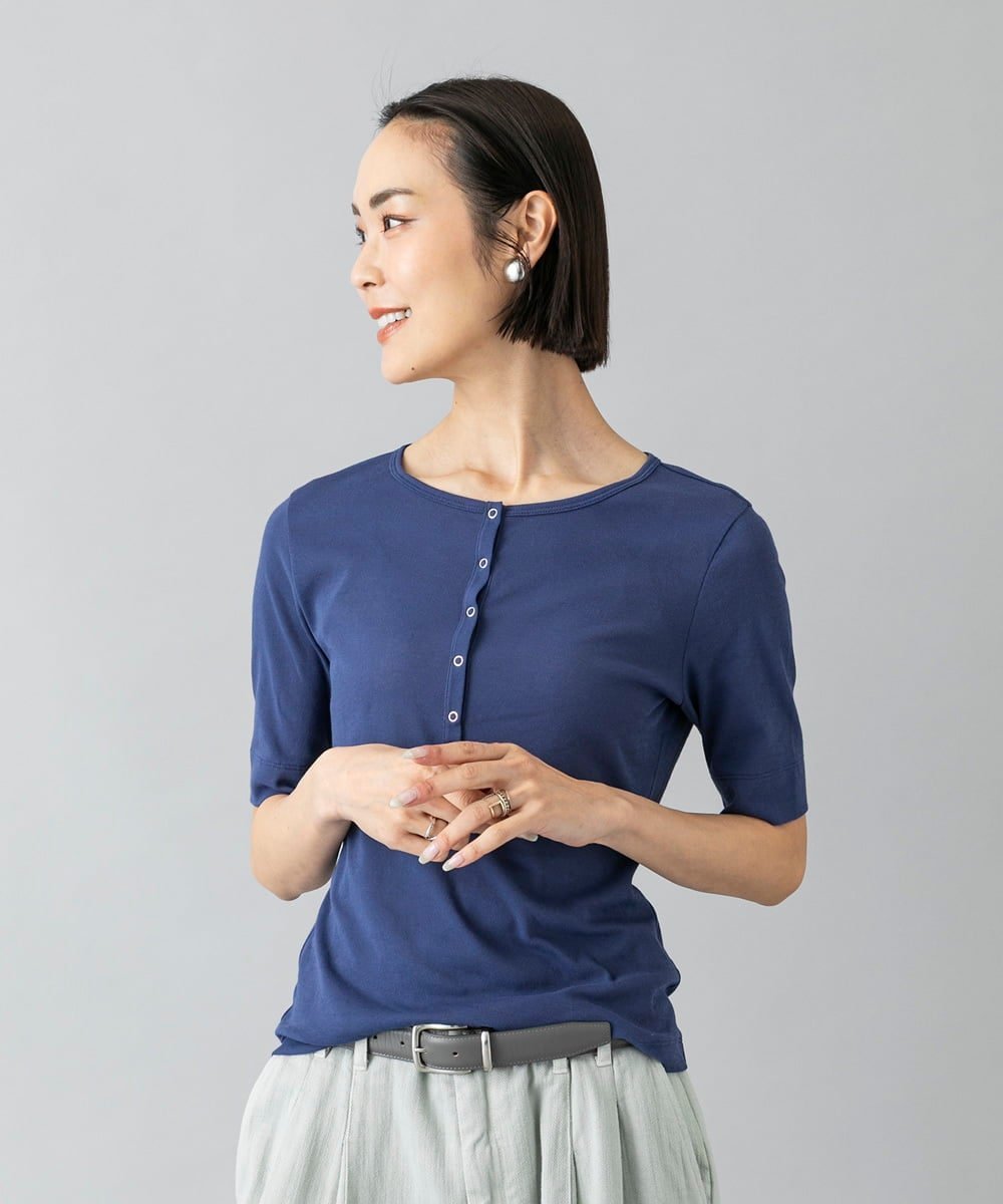 【SALE／30%OFF】MICHEL KLEIN [アンサンブル対応]リングドットヘンリーネックTシャツ ミッシェルクラン トップス カットソー・Tシャツ ブルー【送料無料】