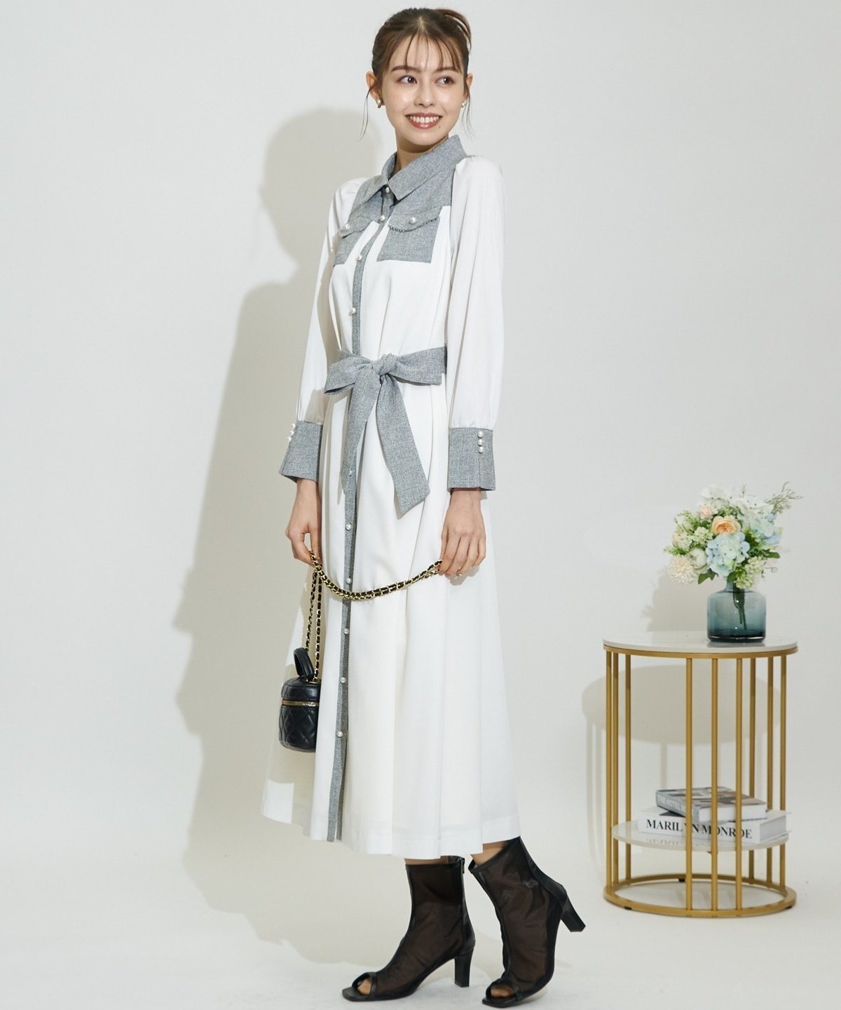 Swingle 異素材ドッキングパールボタンシャツワンピース スウィングル ワンピース・ドレス その他のワンピース・ドレス グレー ネイビー ブラック【送料無料】のサムネイル