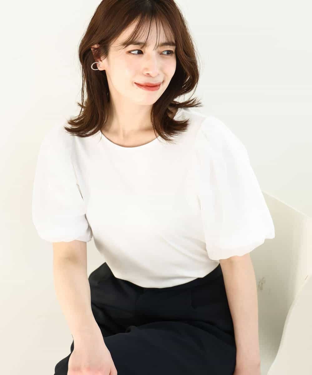 OFUON ボリュームスリーブカットソー/接触冷感/洗える/WEB限定サイズあり オフオン トップス カットソー・Tシャツ ネイビー ホワイト