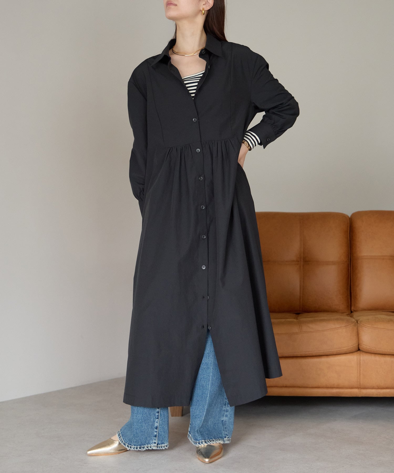 PREFERIR ヨーク切り替えシャツワンピース プレフェリール ワンピース・ドレス シャツワンピース ブラック ブラウン【送料無料】