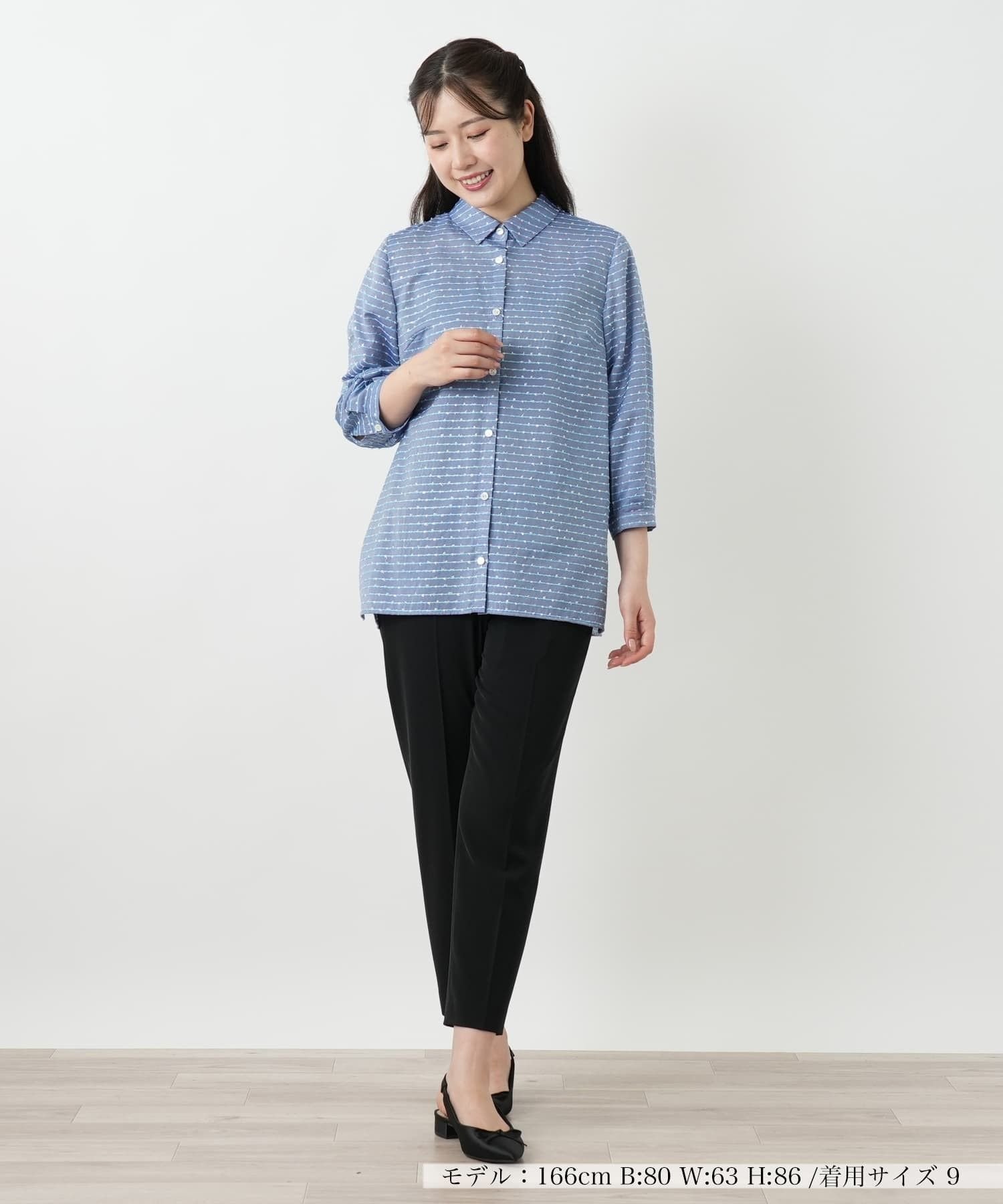 Leilian 刺繍ボーダーブラウス レリアン トップス シャツ・ブラウス ブルー
