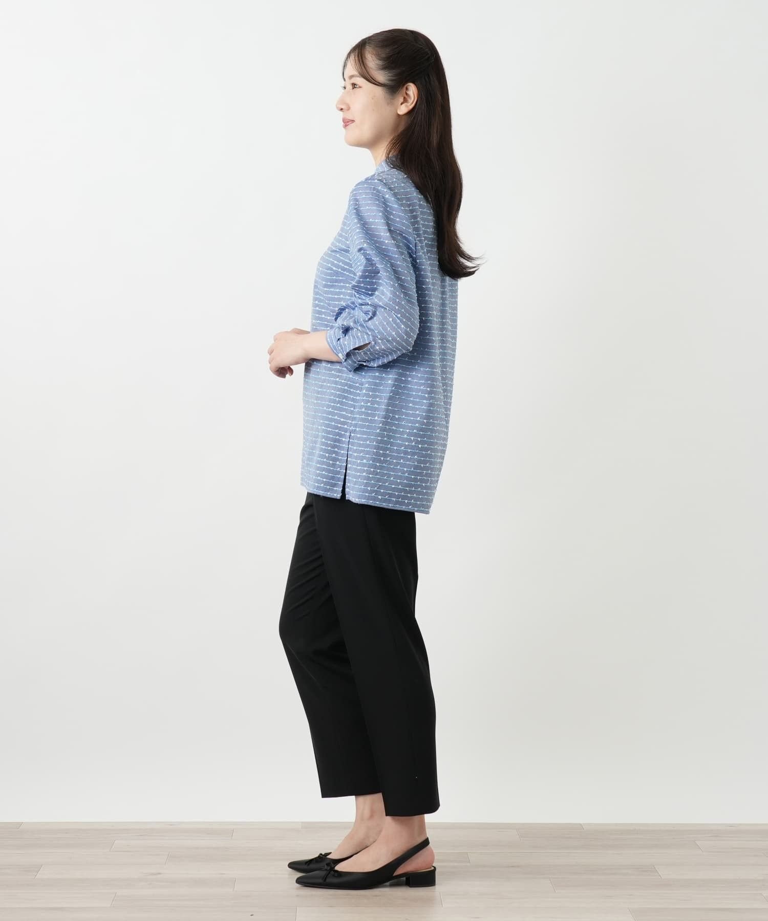 Leilian 刺繍ボーダーブラウス レリアン トップス シャツ・ブラウス ブルー