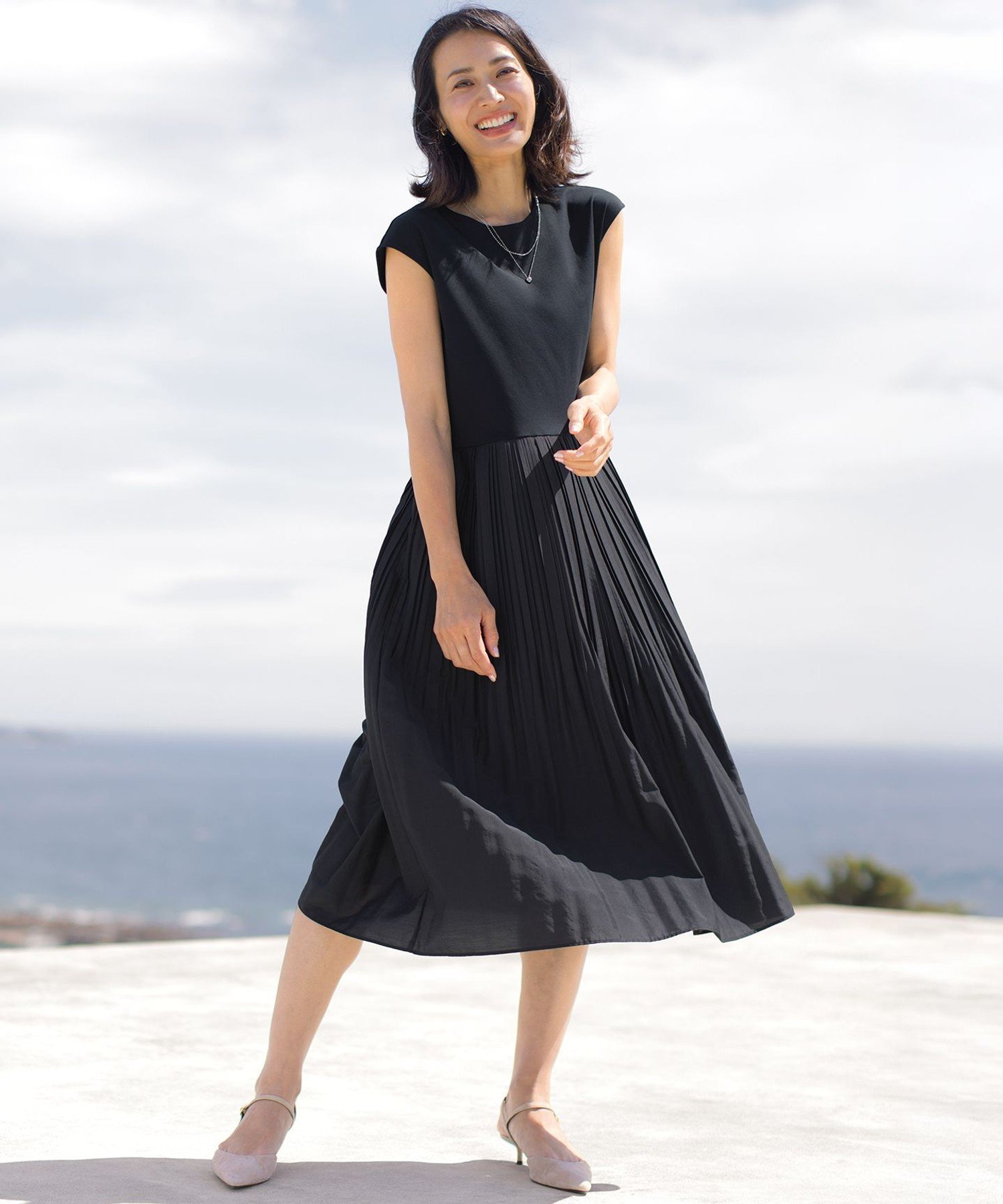 J.PRESS LADIES L 【一枚で着映え】プリーツコンビ ノースリーブ ワンピース ジェイプレス ワンピース・ドレス ワンピース ブラック