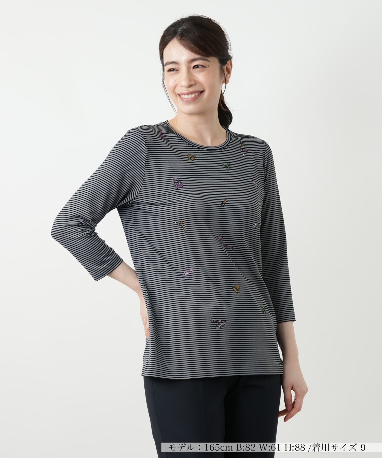 Leilian 刺繍ボーダーカットソー レリアン トップス カットソー・Tシャツ グレー パープル ベージュ