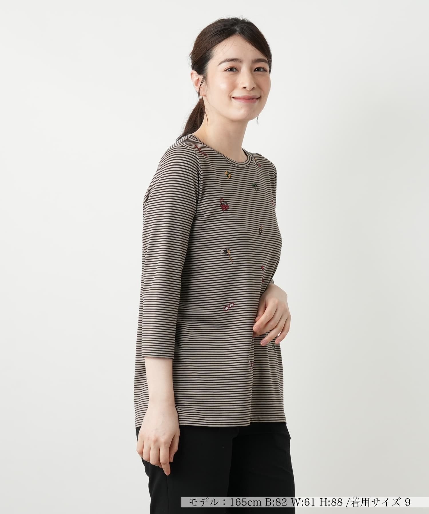 Leilian 刺繍ボーダーカットソー レリアン トップス カットソー・Tシャツ グレー パープル ベージュ