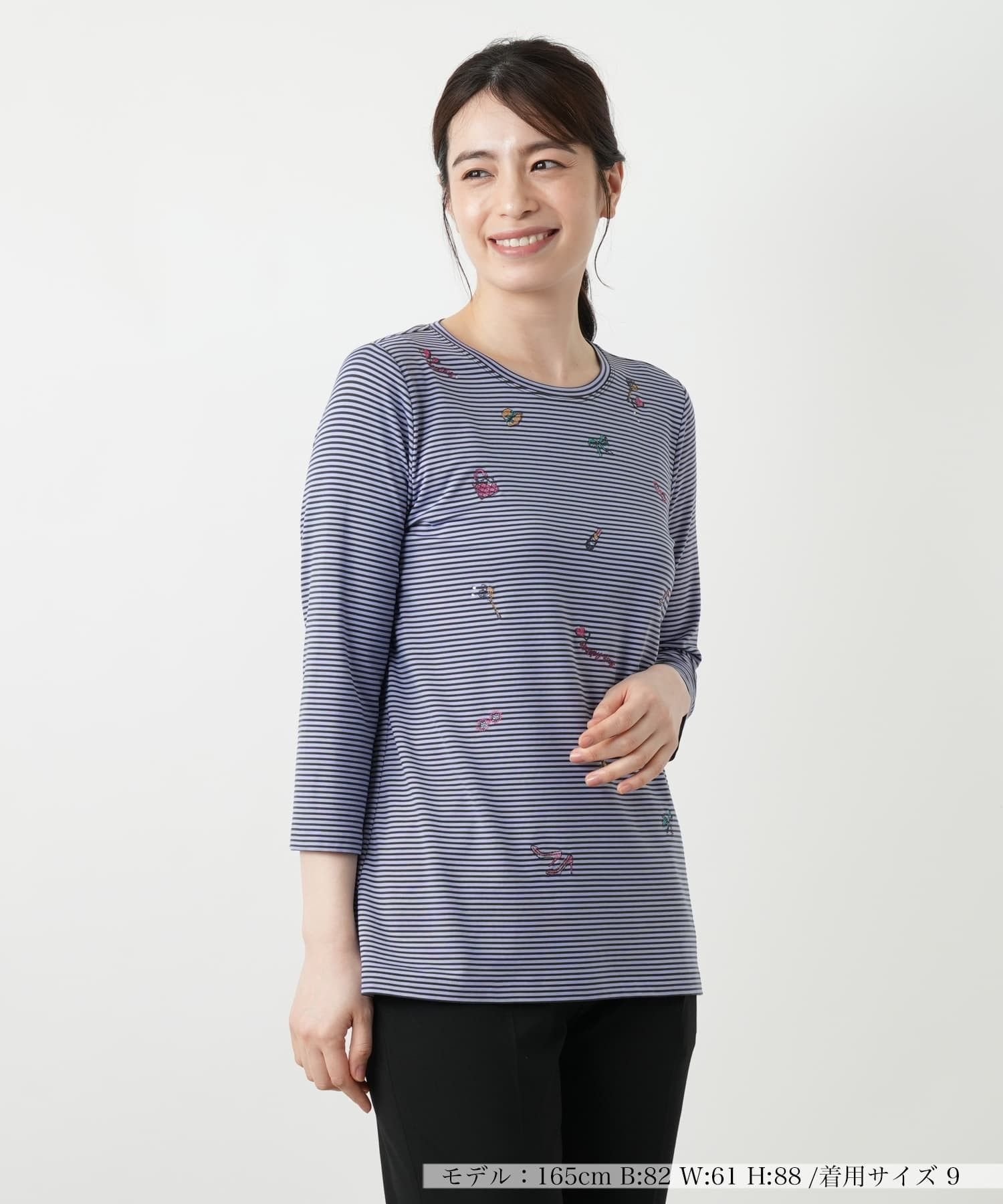 Leilian 刺繍ボーダーカットソー レリアン トップス カットソー・Tシャツ グレー パープル ベージュ