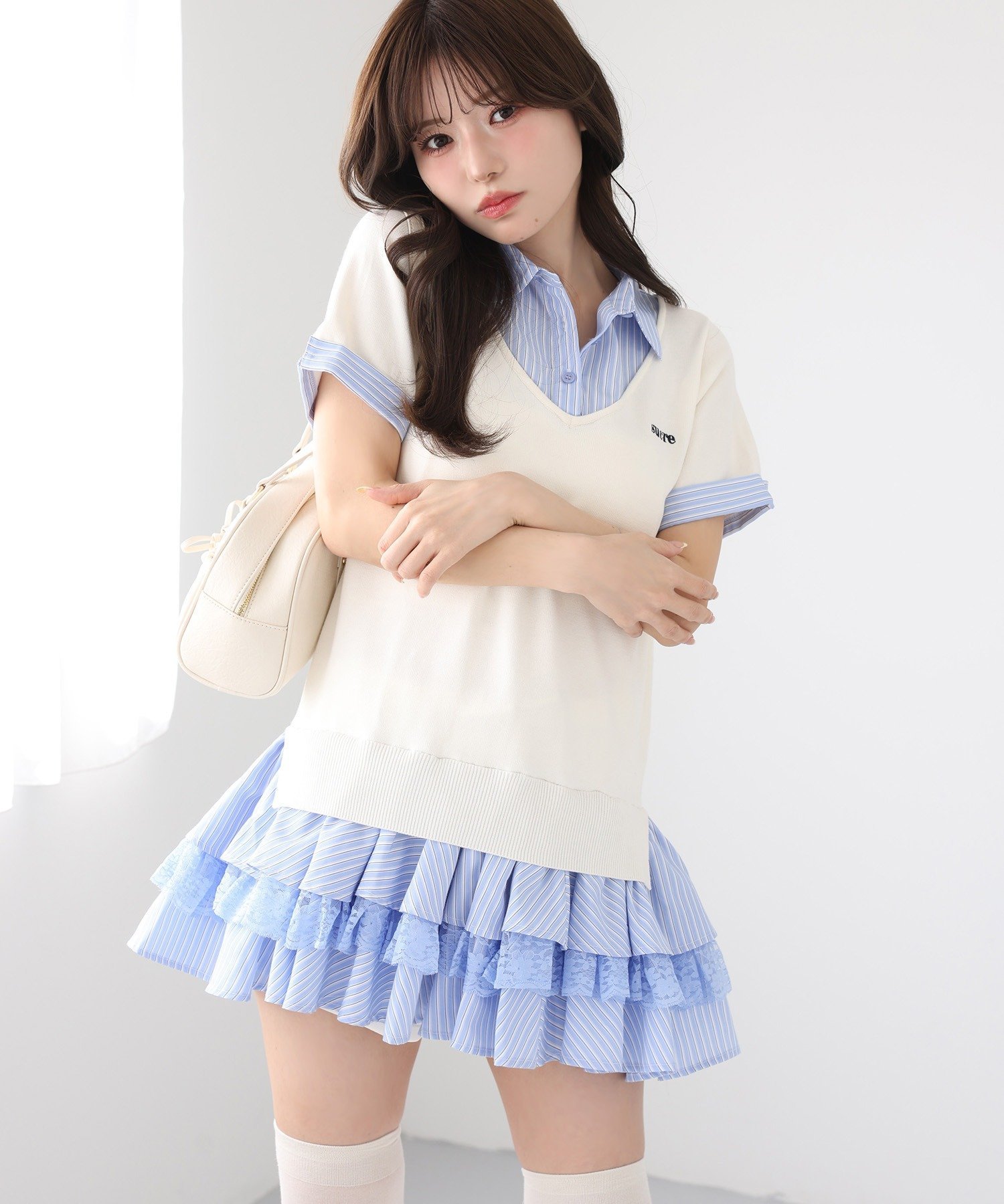 【SALE／18 OFF】one after another NICE CLAUP ニットドッキング半袖シャツチュニック ワンアフターアナザー ナイスクラップ ワンピース ドレス その他のワンピース ドレス ピンク ブラック グレー ホワイト【送料無料】