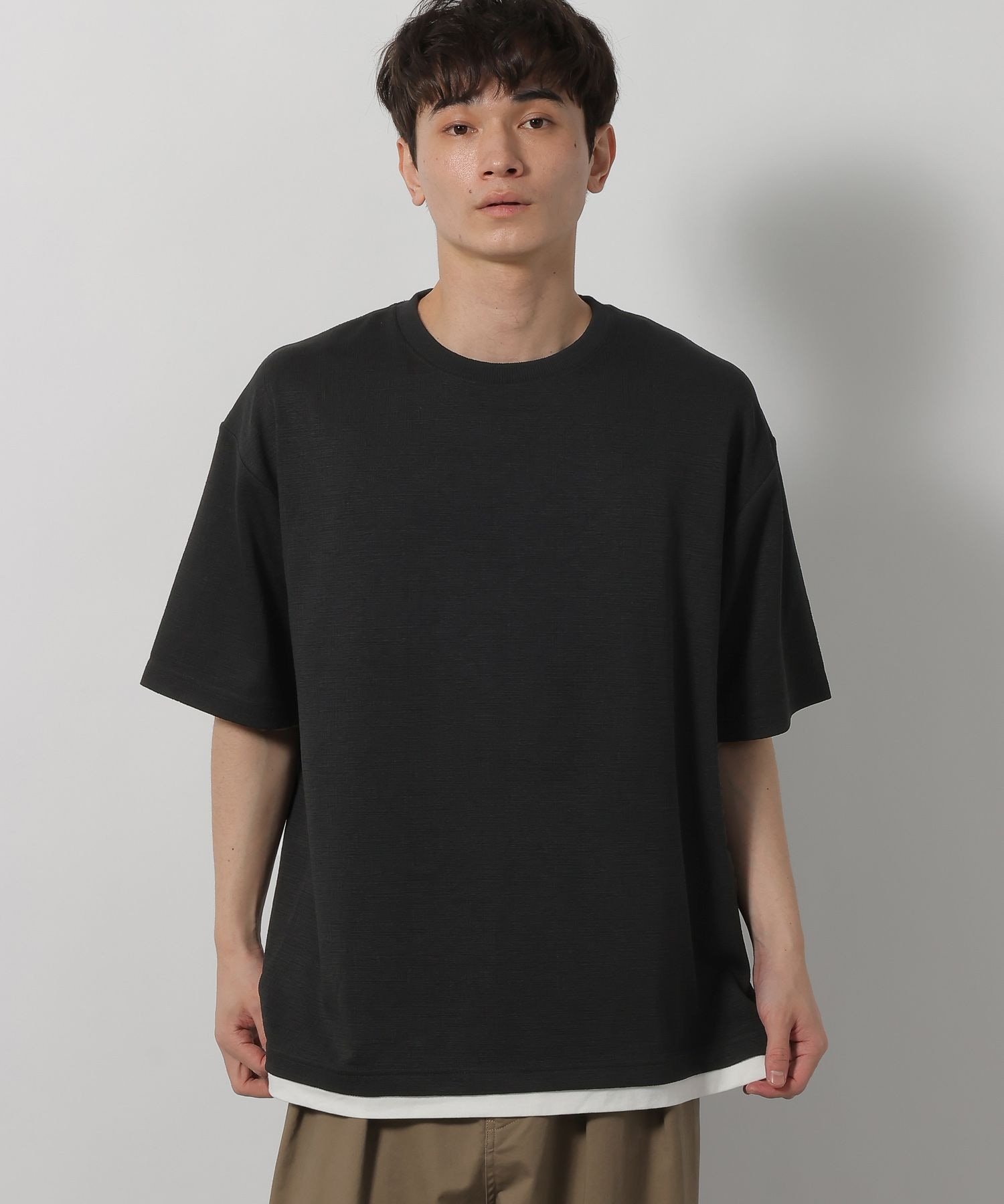 LAKOLE ドビーストレッチレイヤードTシャツ ラコレ トップス カットソー・Tシャツ ブルー ブラック