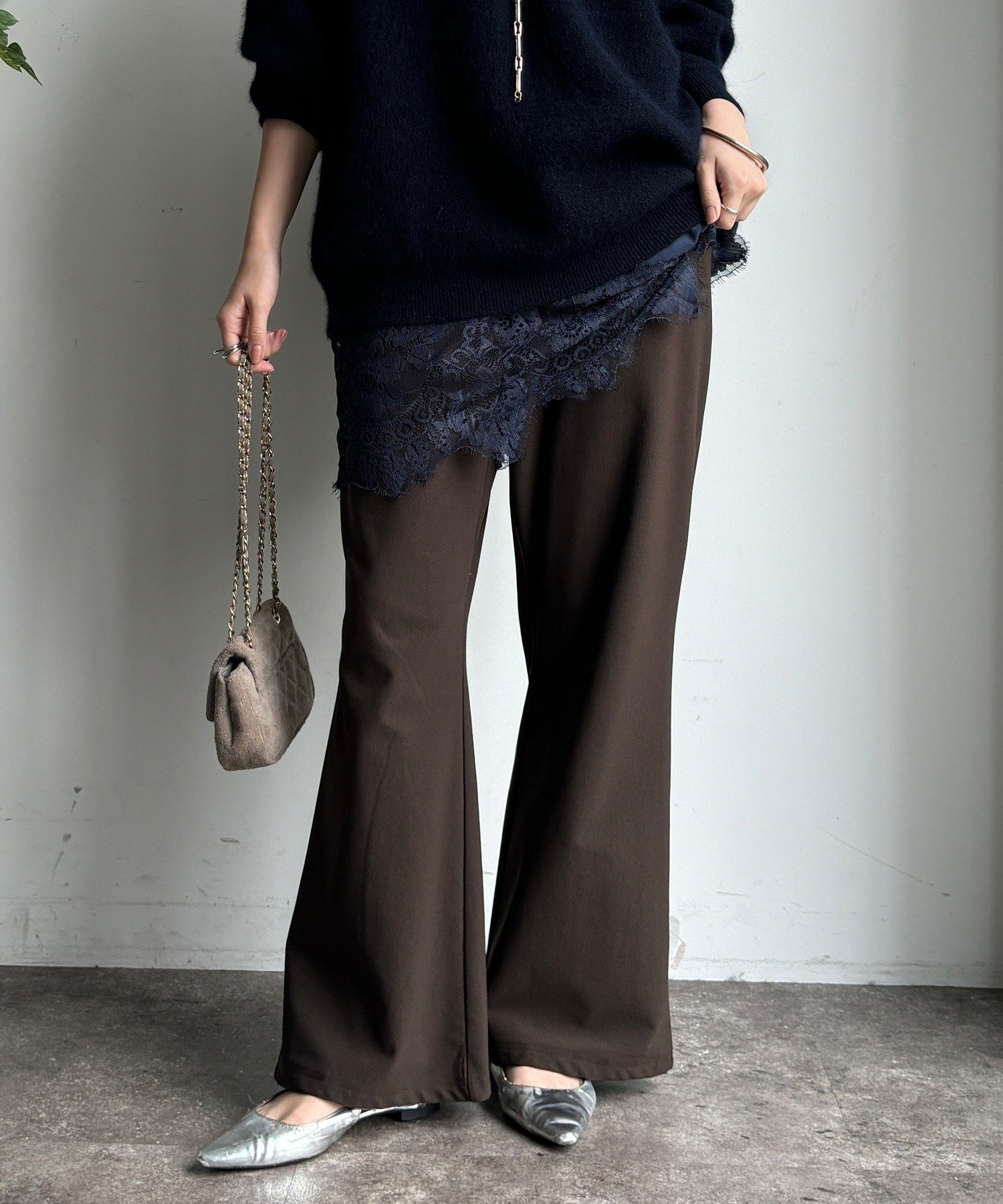 DouDou 裏起毛セミフレアイージーパンツ ドゥドゥ パンツ その他のパンツ ブラウン ブラック ベージュ【送料無料】