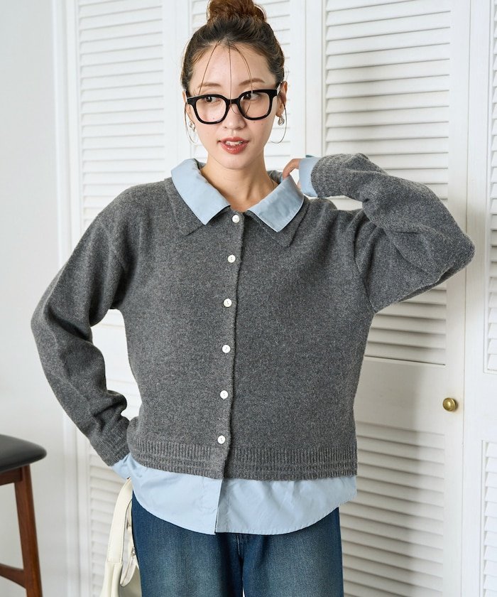 FREAK'S STORE シャツ レイヤード風 ドッキング ニット カーディガン【限定展開】 25AW フリークスストア トップス カーディガン ブラウン グレー ブラック【送料無料】のサムネイル