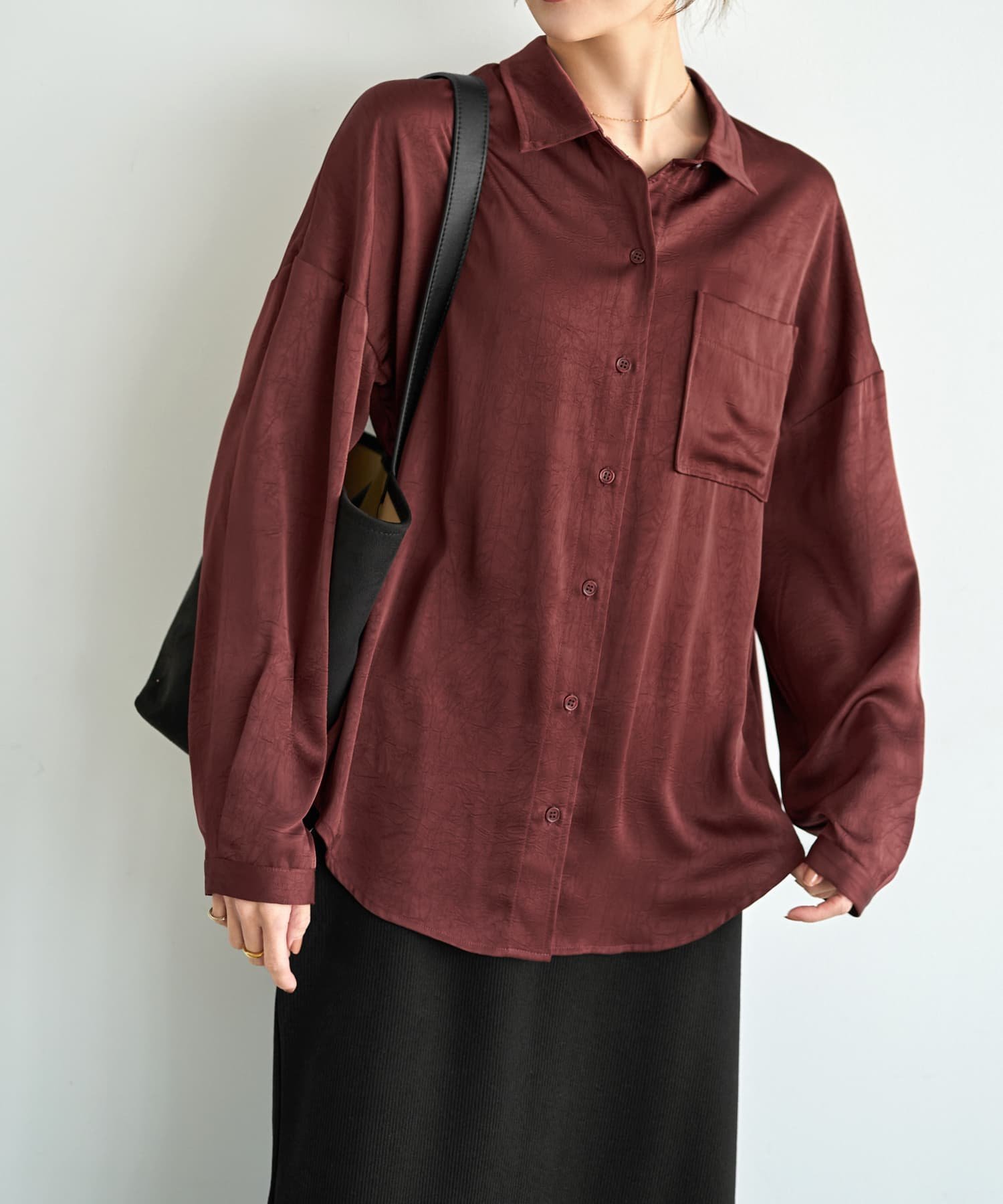 STYLE DELI 【LUXE】シボ入りとろみサテンシャツB スタイルデリ トップス シャツ・ブラウス グレー ベージュ