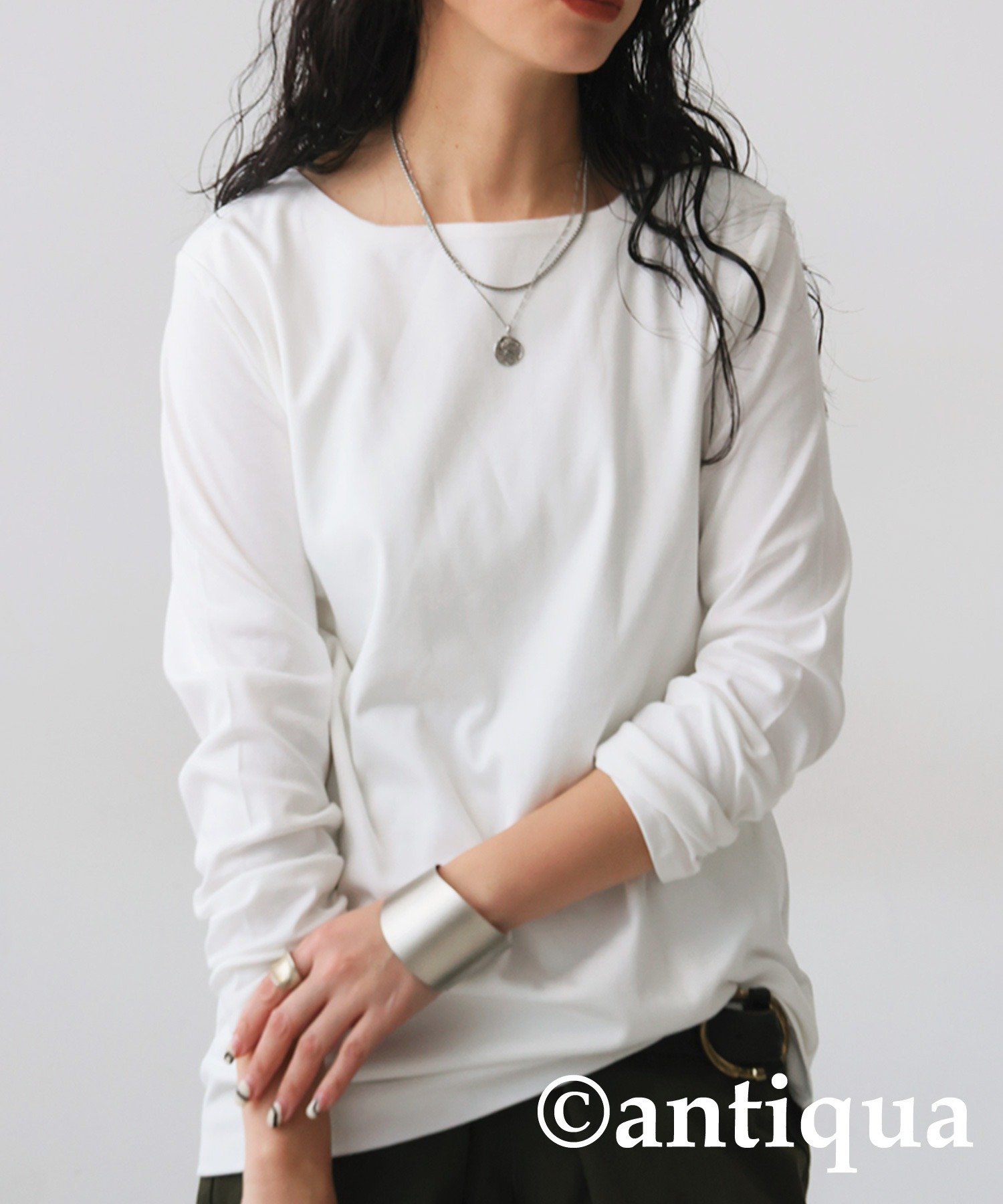 antiqua [antiqua] 綿100% スムースボートネックT レディース NA-00448 アンティカ トップス カットソー・Tシャツ ブラック ネイビー ホワイト カーキグリーン