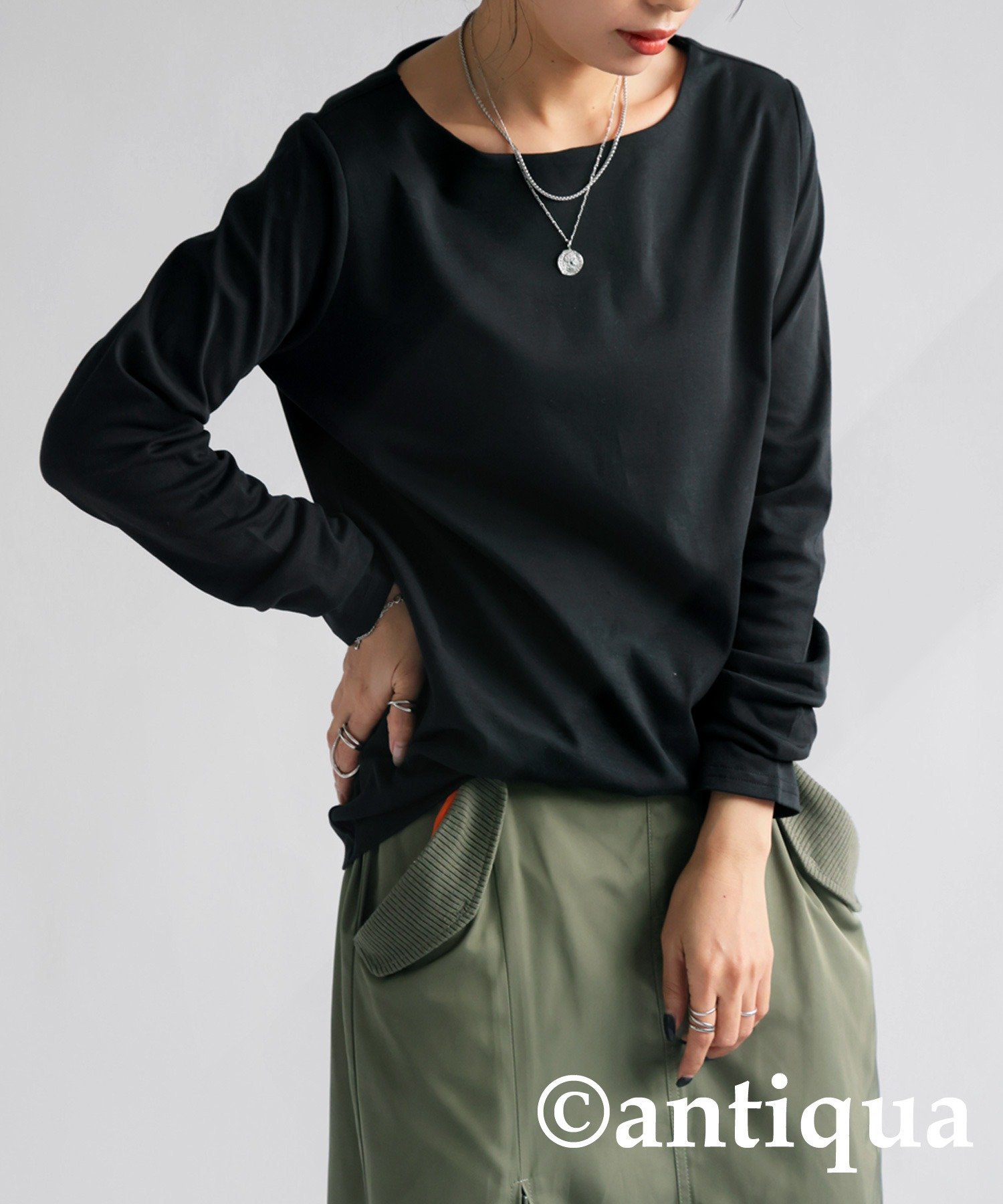 antiqua [antiqua] 綿100% スムースボートネックT レディース NA-00448 アンティカ トップス カットソー・Tシャツ ブラック ネイビー ホワイト カーキグリーン