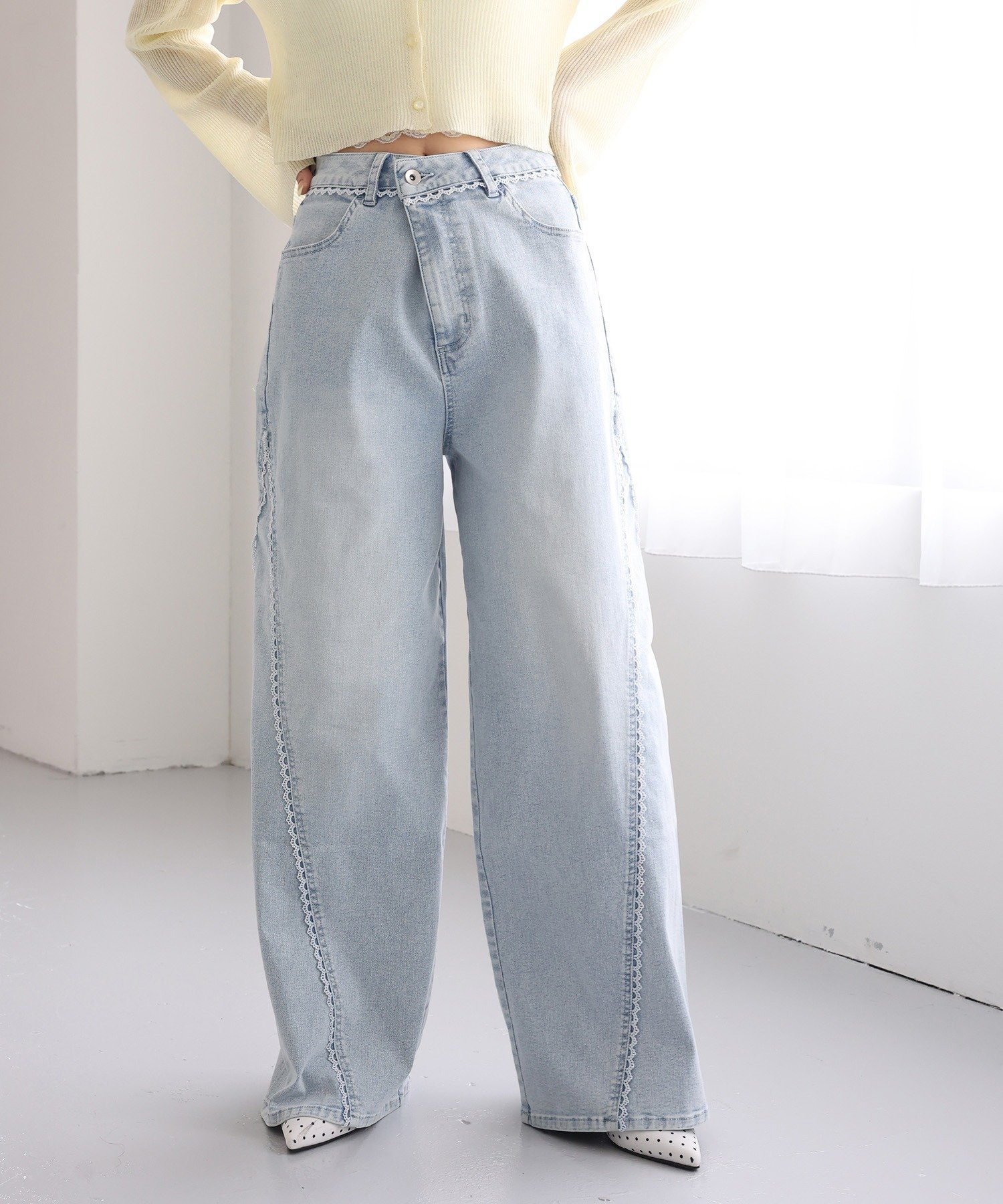 Cotton - 【SALE／10%OFF】one after another NICE CLAUP 【ウォッシャブル】【SMサイズ展開あり】レース付きワイドデニムパンツ ワンアフターアナザー ナイスクラップ パンツ その他のパンツ ブルー ピンク グレー【送料無料】