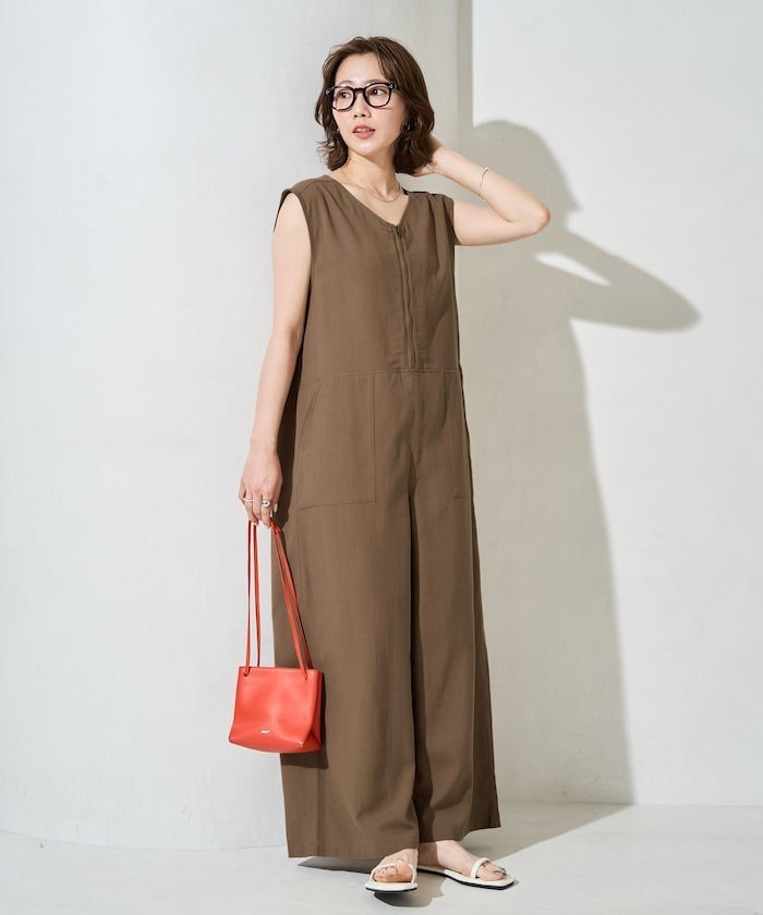 【SALE／20%OFF】FREAK'S STORE 限定展開 麻混 Vネック オールインワン フリークス...