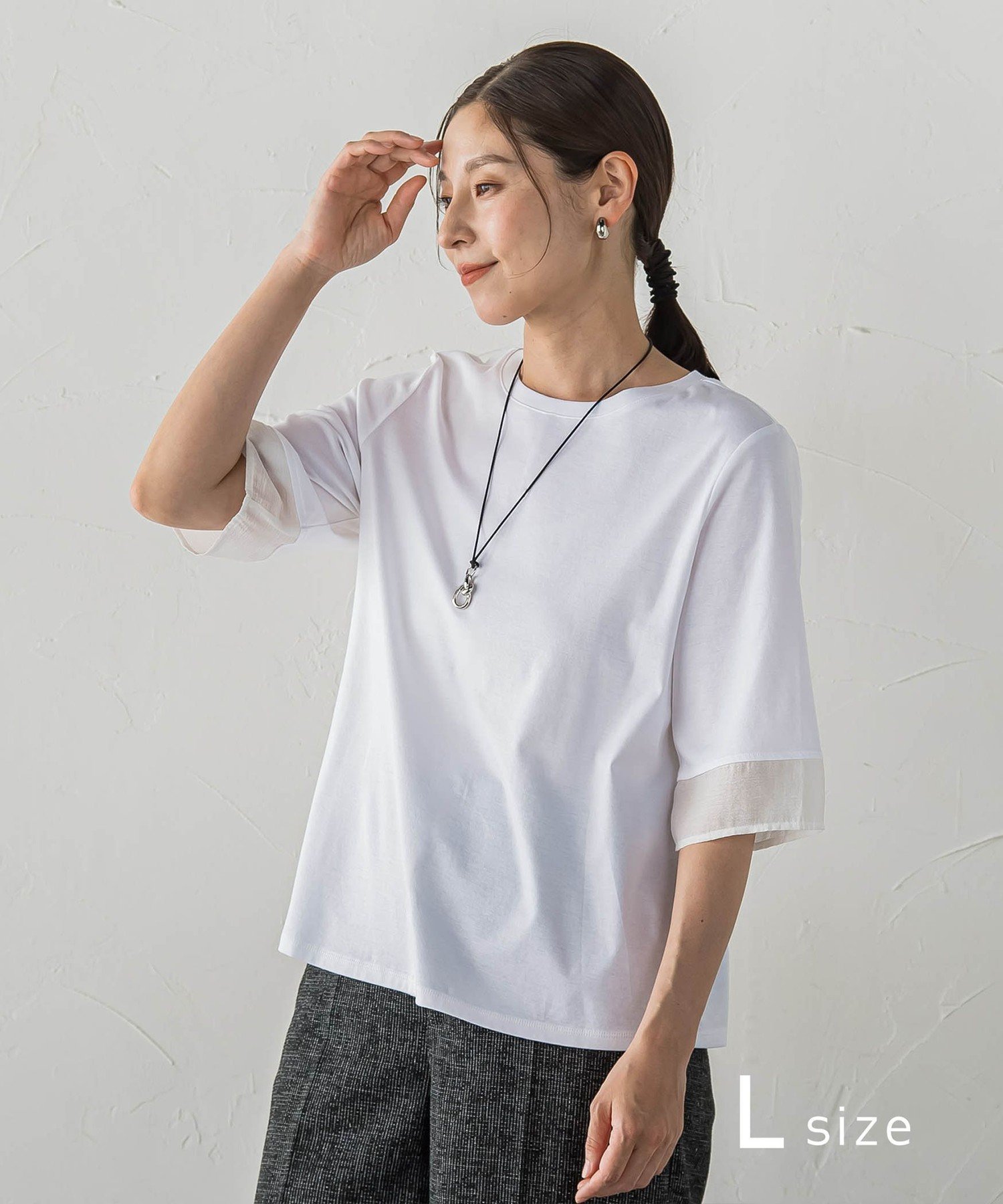 la.f... 【大きいサイズ】スムースサテン切り替え ラ・エフ トップス カットソー・Tシャツ ホワイト ブラック