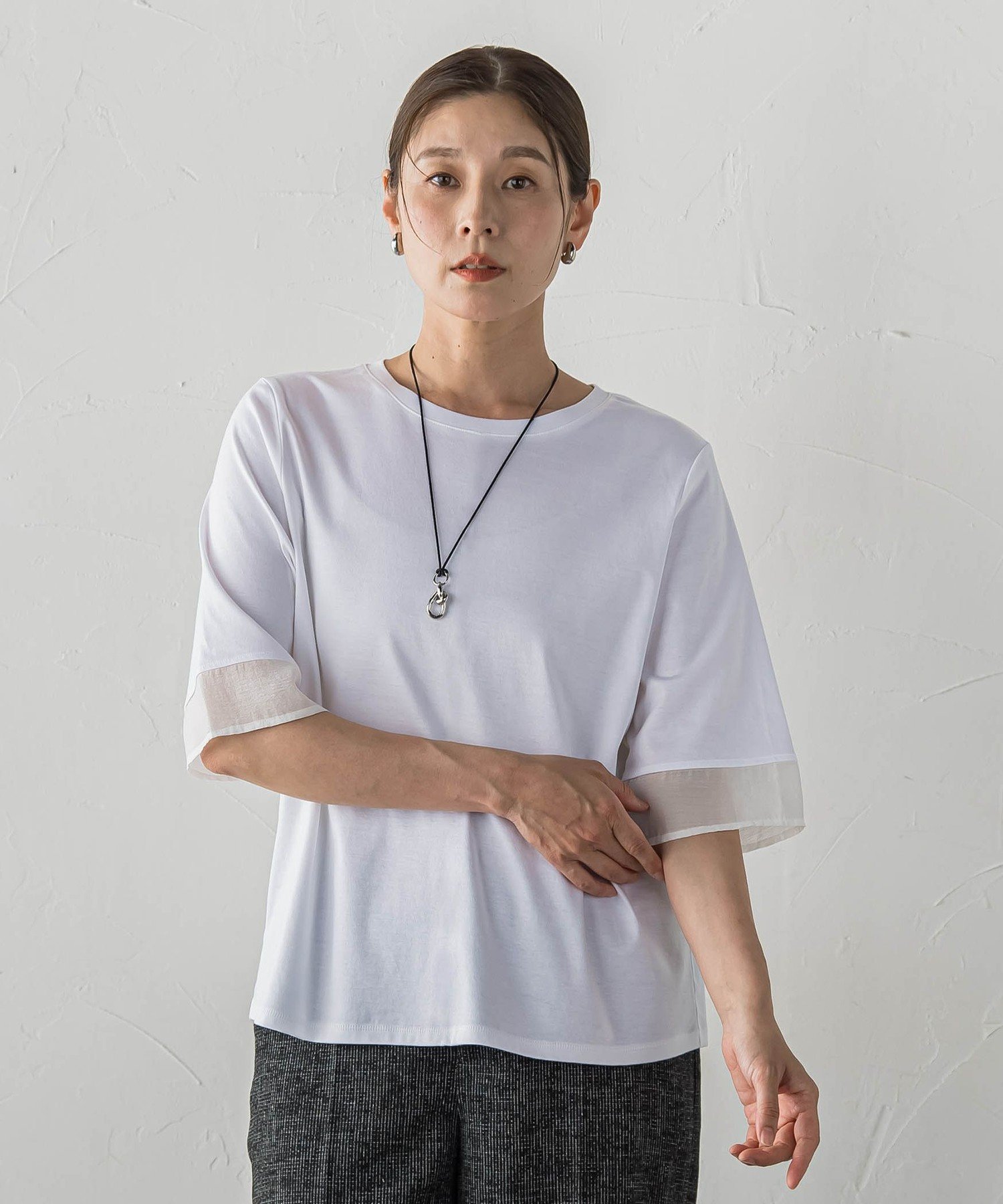 la.f... 【大きいサイズ】スムースサテン切り替え ラ・エフ トップス カットソー・Tシャツ ホワイト ブラック