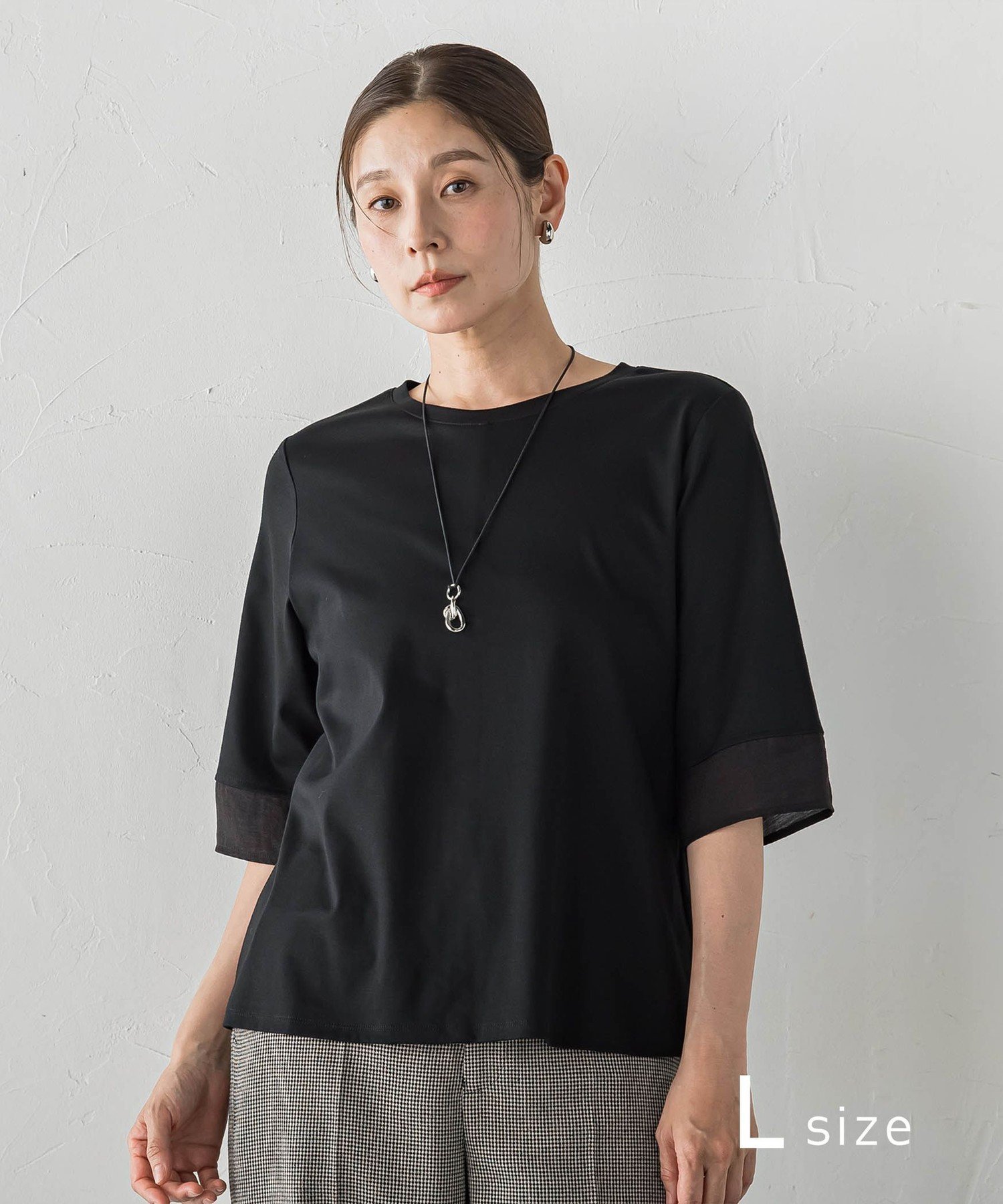 la.f... 【大きいサイズ】スムースサテン切り替え ラ・エフ トップス カットソー・Tシャツ ホワイト ブラック