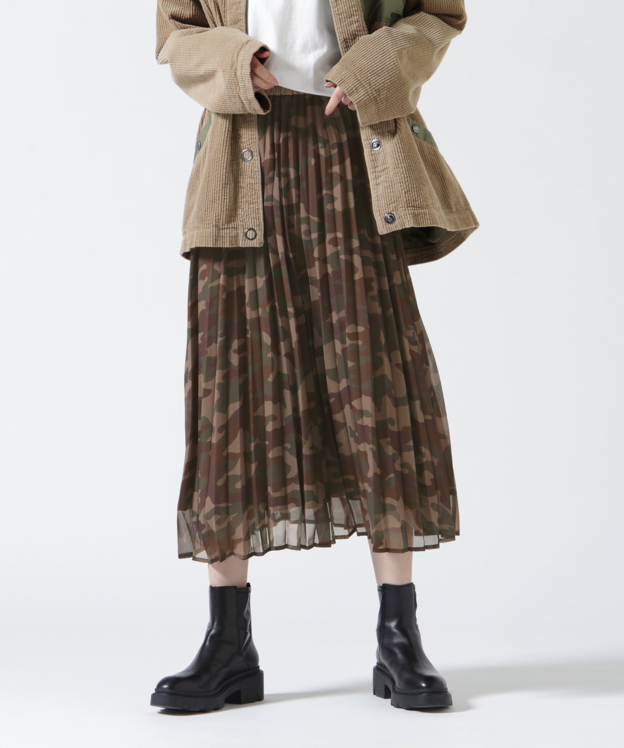 AVIREX PLEATED CAMOPRINT CHIFFON SKIRT/ プリーツカモプリントシフォンスカート アヴィレックス スカート その他のスカート グリーン グレー パープル