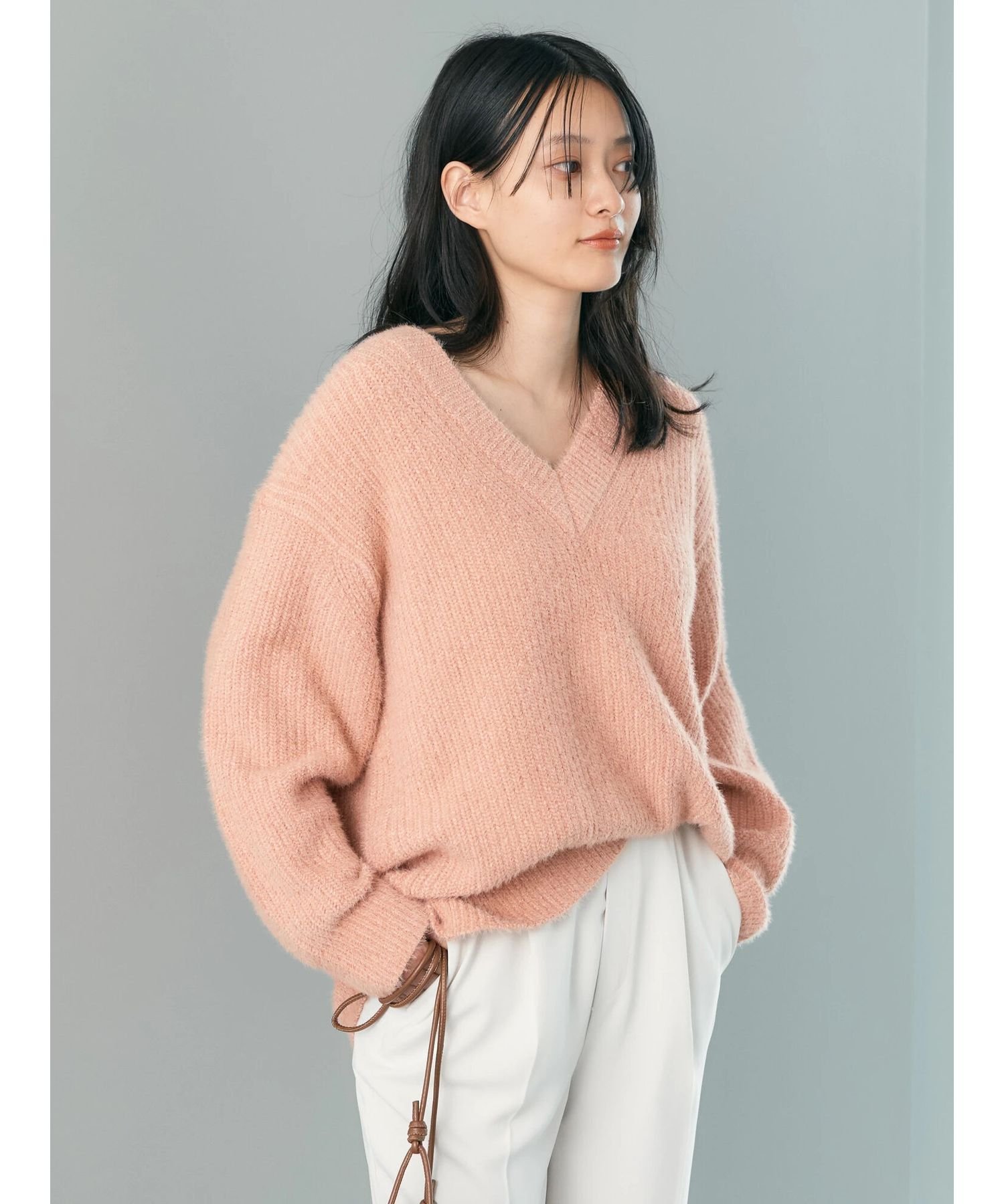 【SALE／45%OFF】AMERICAN HOLIC モールヤーン片畦Vネックニットプルオーバー/カジュアル/体型カバー/ゆったりシルエット/23AW/秋冬 アメリカン ホリック トップス ニット ピンク ベージュ グリーン ネイビーのサムネイル