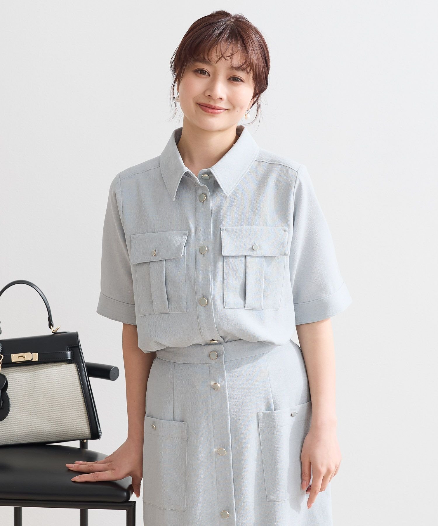 【SALE／36%OFF】Andemiu ポケツキボタンシャツ アンデミュウ トップス シャツ・ブラウス ブルー ブラック ベージュ【送料無料】