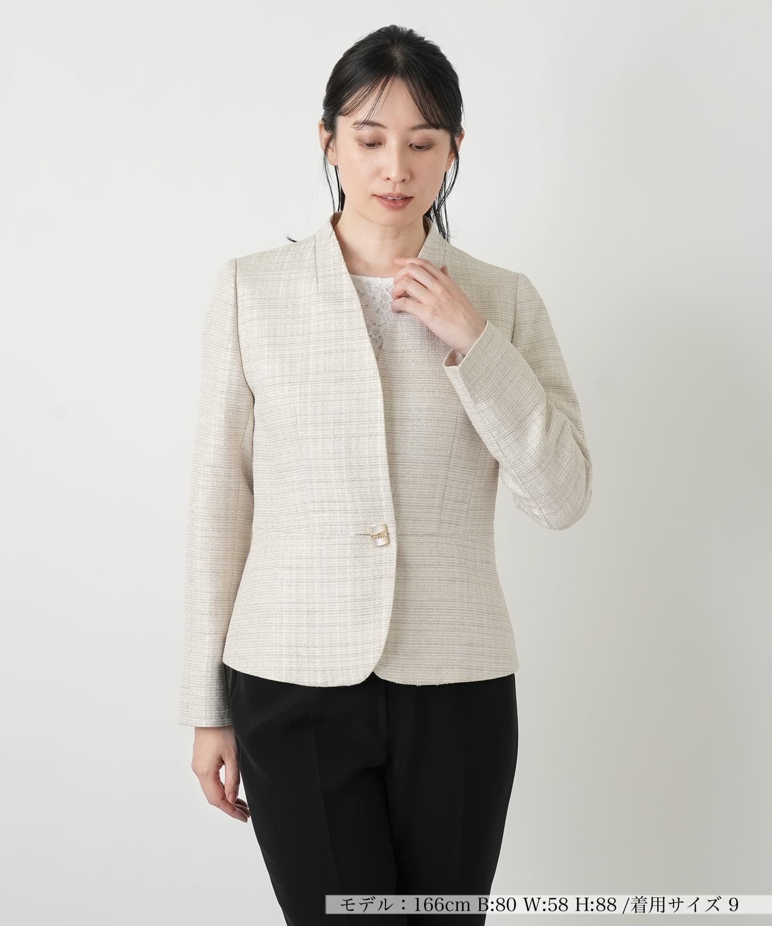 Leilian ツイードVネックジャケット【ROCHAS Premiere】 レリアン ジャケット・アウター テーラードジャケット・ブレザー ベージュ