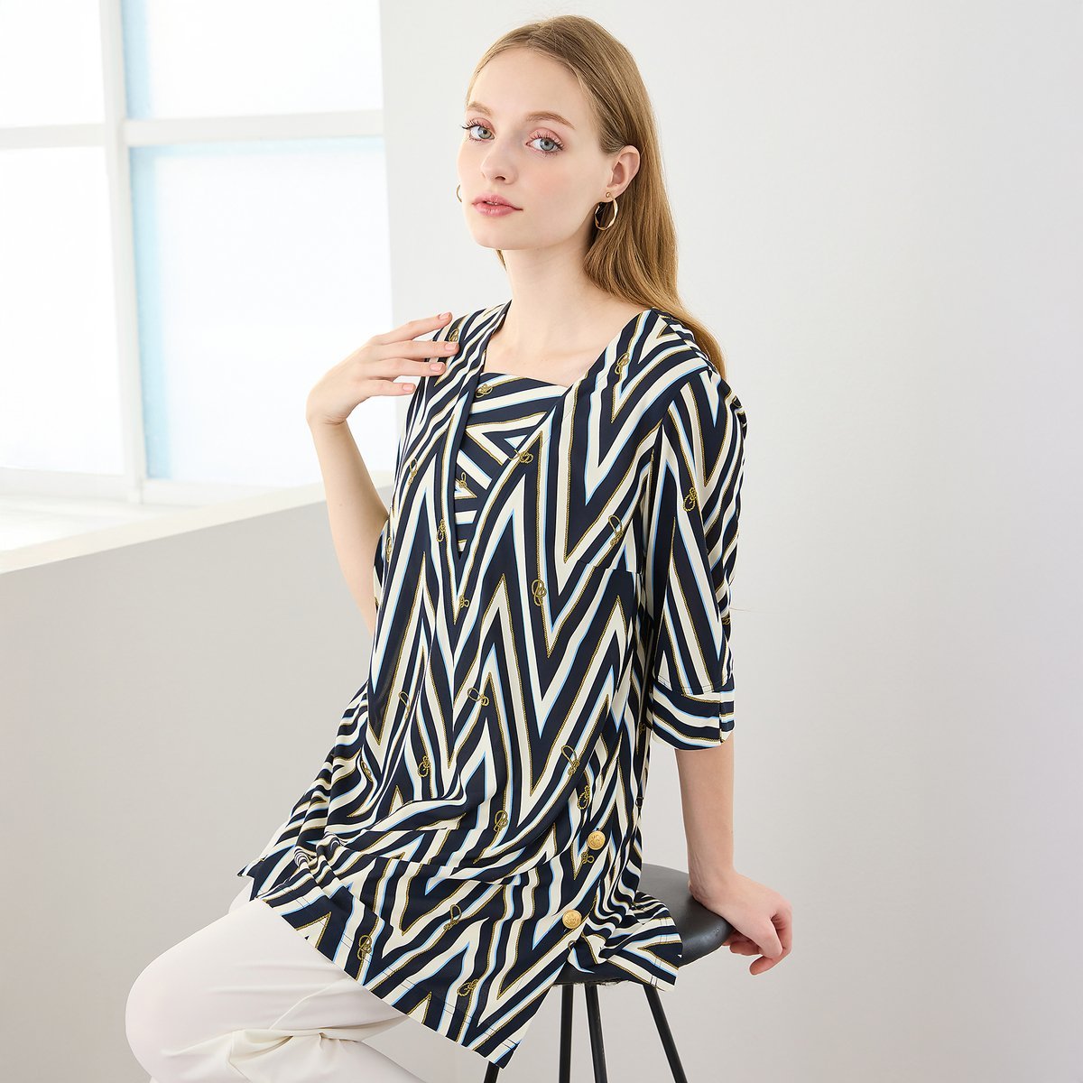 Liliane Burty 【M~4L】マリンボーダープリントTシャツ リリアンビューティ トップス カットソー・Tシャツ グリーン ネイビー