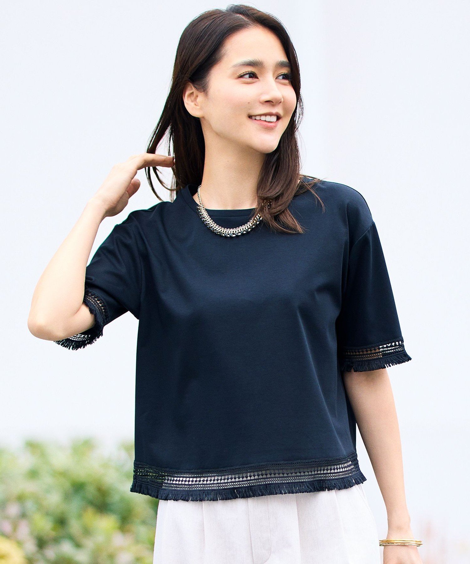 自由区 L 【SHIHOさん着用】コンパクトハイゲージフリンジ Tシャツ ジユウク トップス カットソー・Tシャツ ブラック カーキグリーン ホワイト