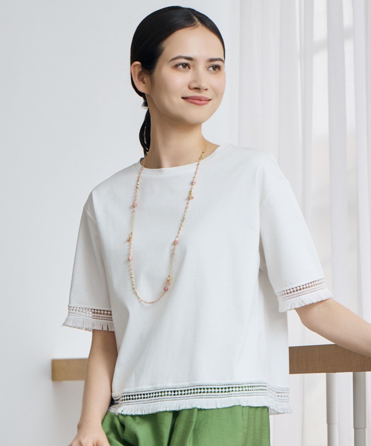 自由区 L 【SHIHOさん着用】コンパクトハイゲージフリンジ Tシャツ ジユウク トップス カットソー・Tシャツ ブラック カーキグリーン ホワイト