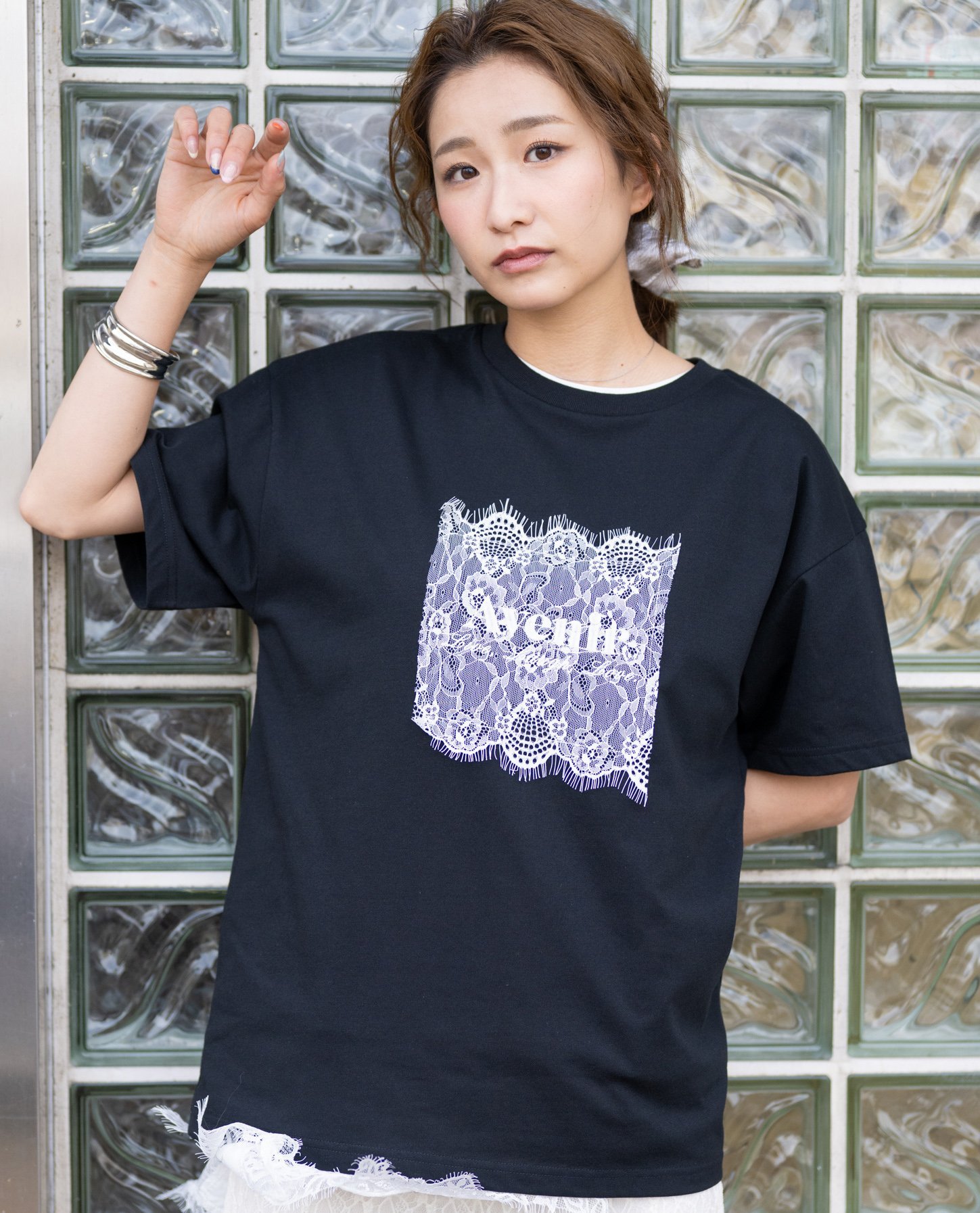 YEVS レースロゴTシャツ 半袖 UVカット 接触冷感 レディース イーブス トップス カットソー・Tシャツ ブラック グレー ホワイト