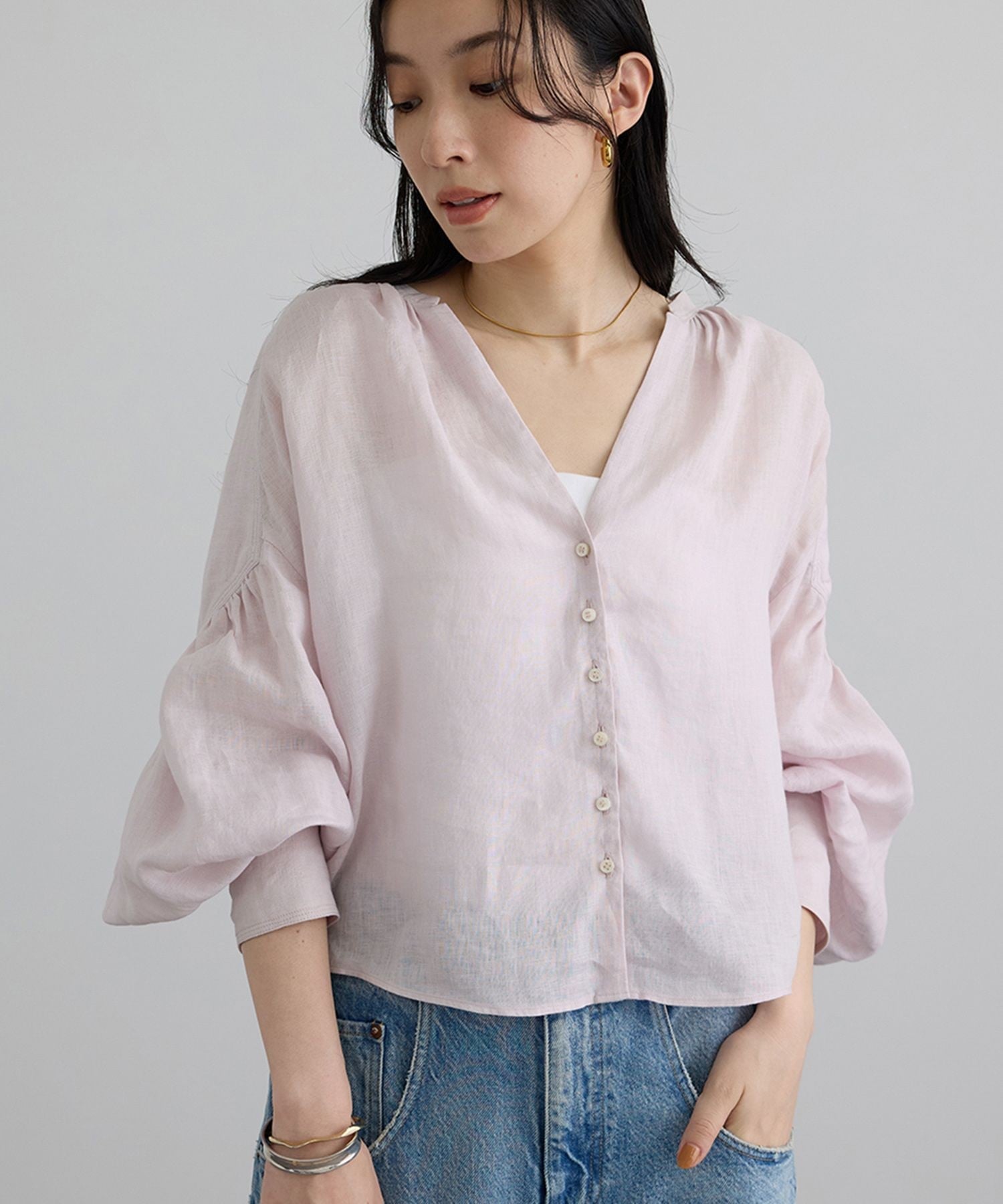 SALON adam et rope' ヨーロピアンリネンクロップドギャザーブラウス サロン アダム エ ロペ トップス シャツ・ブラウス ピンク