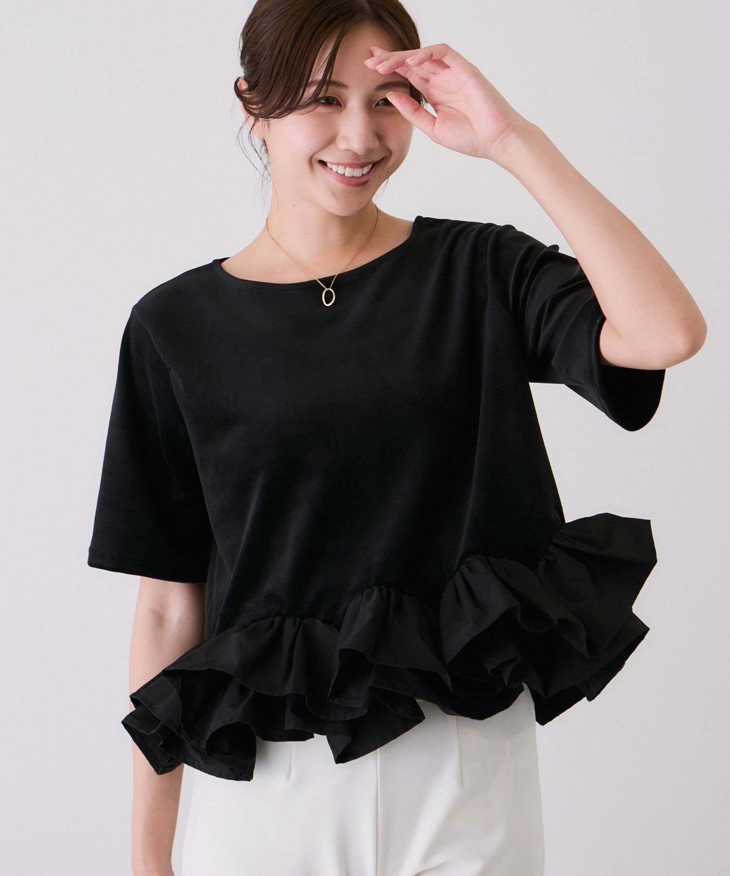 JAYRO 裾デコフリルベロアTシャツ ジャイロ トップス カットソー・Tシャツ ホワイト ブラック