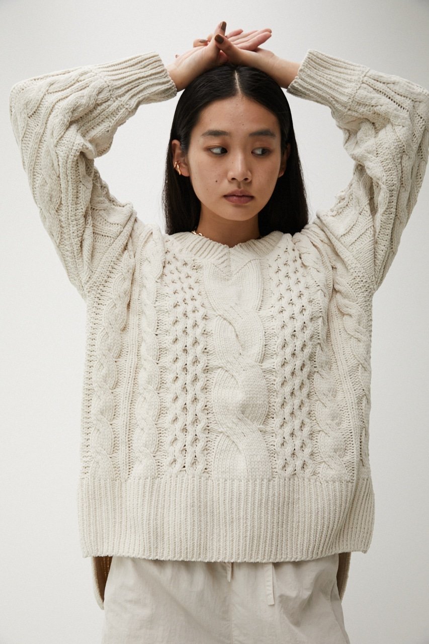 AZUL BY MOUSSY CHENILLE CABLE V/N KNIT TOPS アズールバイマウジー トップス ニット ホワイト ブラック ピンク オレンジ ブルー