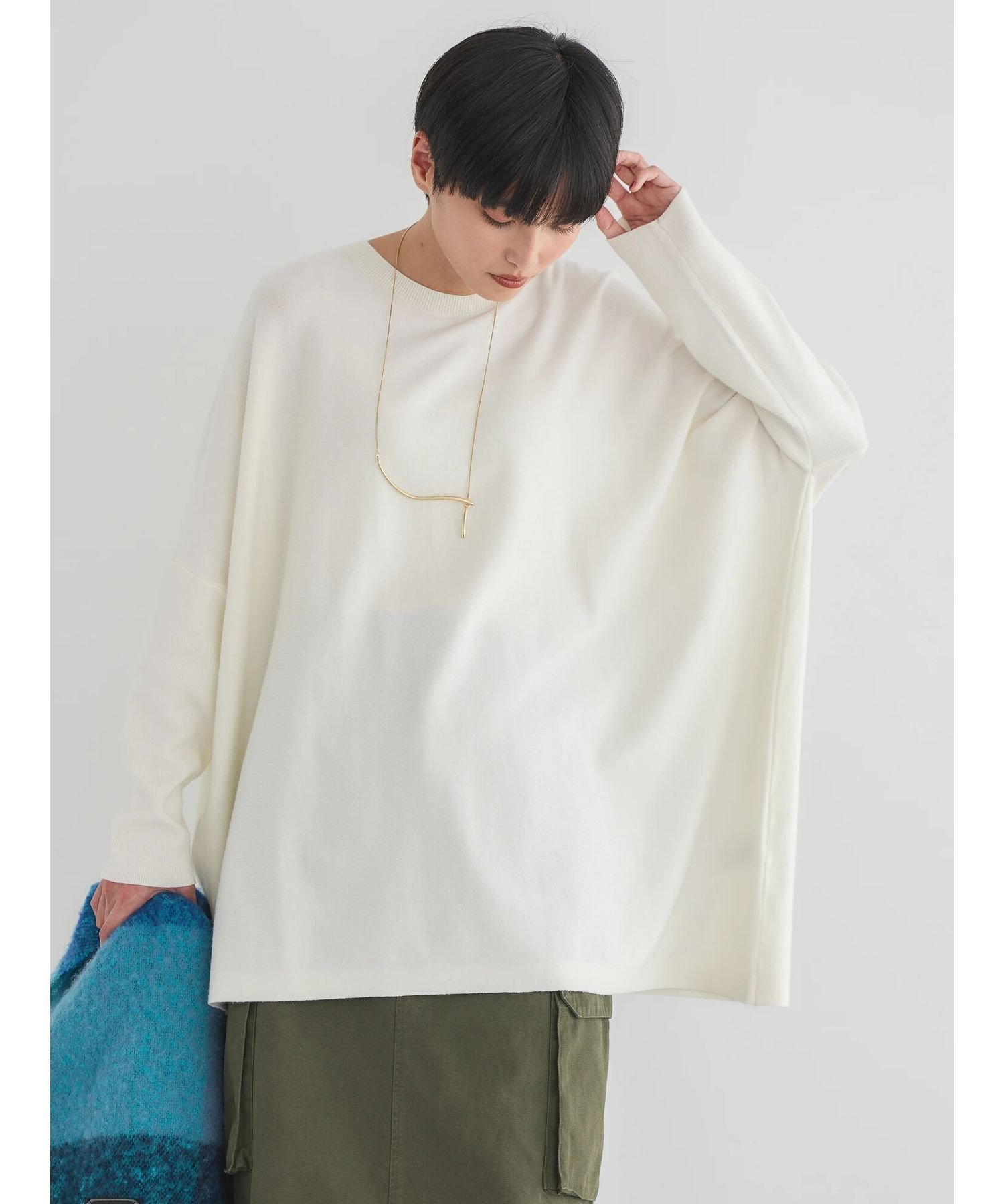 【SALE／25%OFF】AMERICAN HOLIC バイパチポンチョライクBIGニットチュニック/静電気軽減/カジュアル/体型カバー/ゆったりシルエット/23AW/秋冬 アメリカン ホリック トップス ニット ホワイト ブラック ブルーのサムネイル