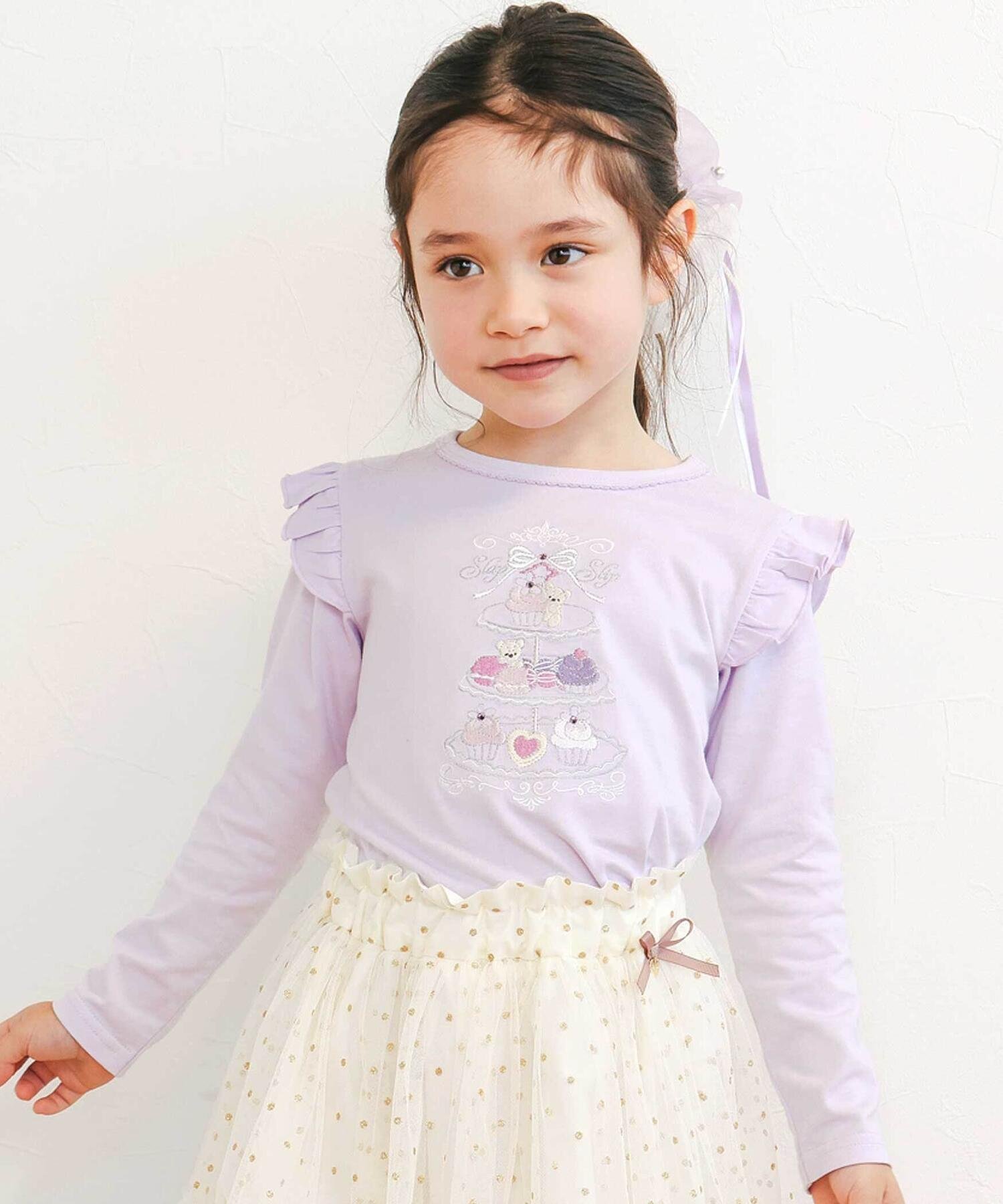 SLAP SLIP 肩フリルキラキララインストーンティータイムTシャツ(80~130cm) ベベ オンライン ストア トップス カットソー・Tシャツ ネイビー パープル