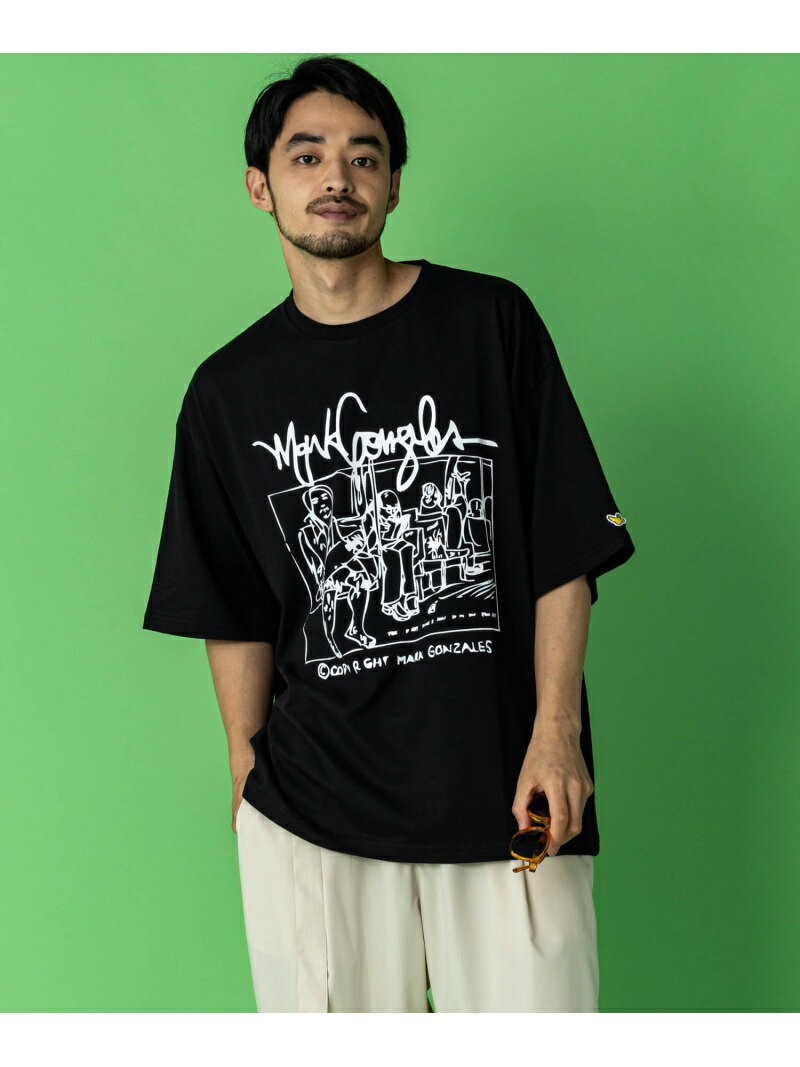 【SALE／55%OFF】Mark Gonzales Mark Gonzales/イラストプリントハーフスリーブカットソー シフォン カットソー Tシャツ ブラック ホワイト