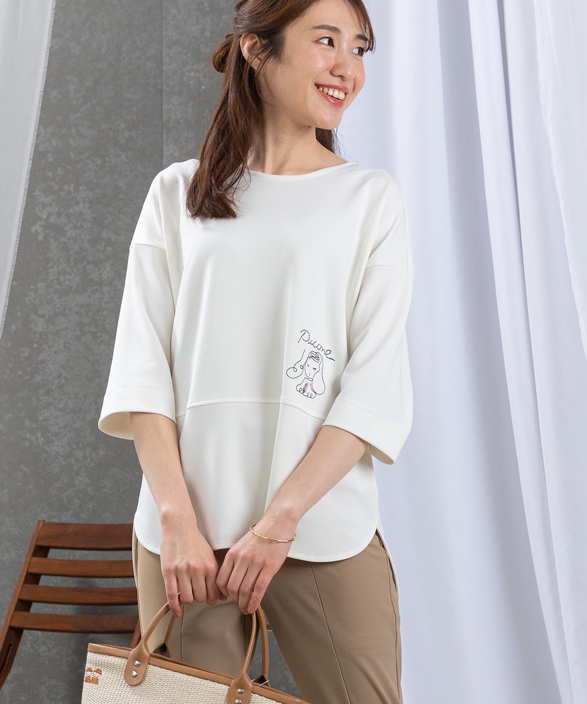 ポイント刺繍七分袖UVプルオーバー スタジオピッコーネ トップス カットソー・Tシャツ ホワイト ネイビー ベージュ