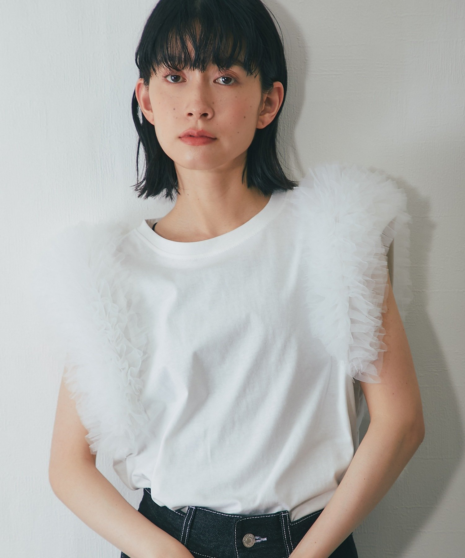 ANOTHER S 袖ボリュームチュールスリーブトップス スマイルオーキッド トップス カットソー・Tシャツ ブラック ホワイト